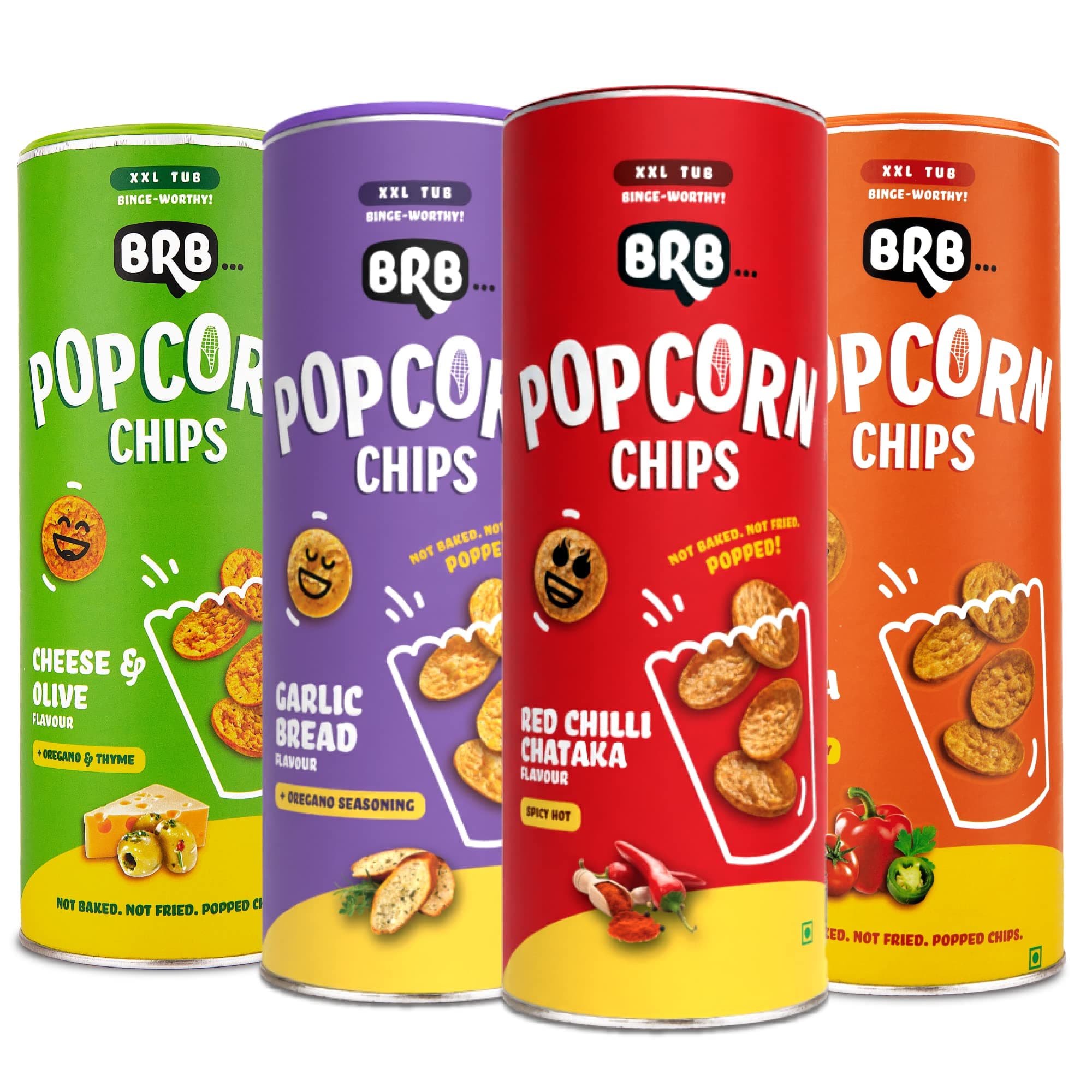 BRB Corn Popped Chips - 4 Flavours | Not Fried, Not Baked | 30% Less Oil, No Palm Oil, Healthy Snack | 4 Tubs x 85g Combo Pack