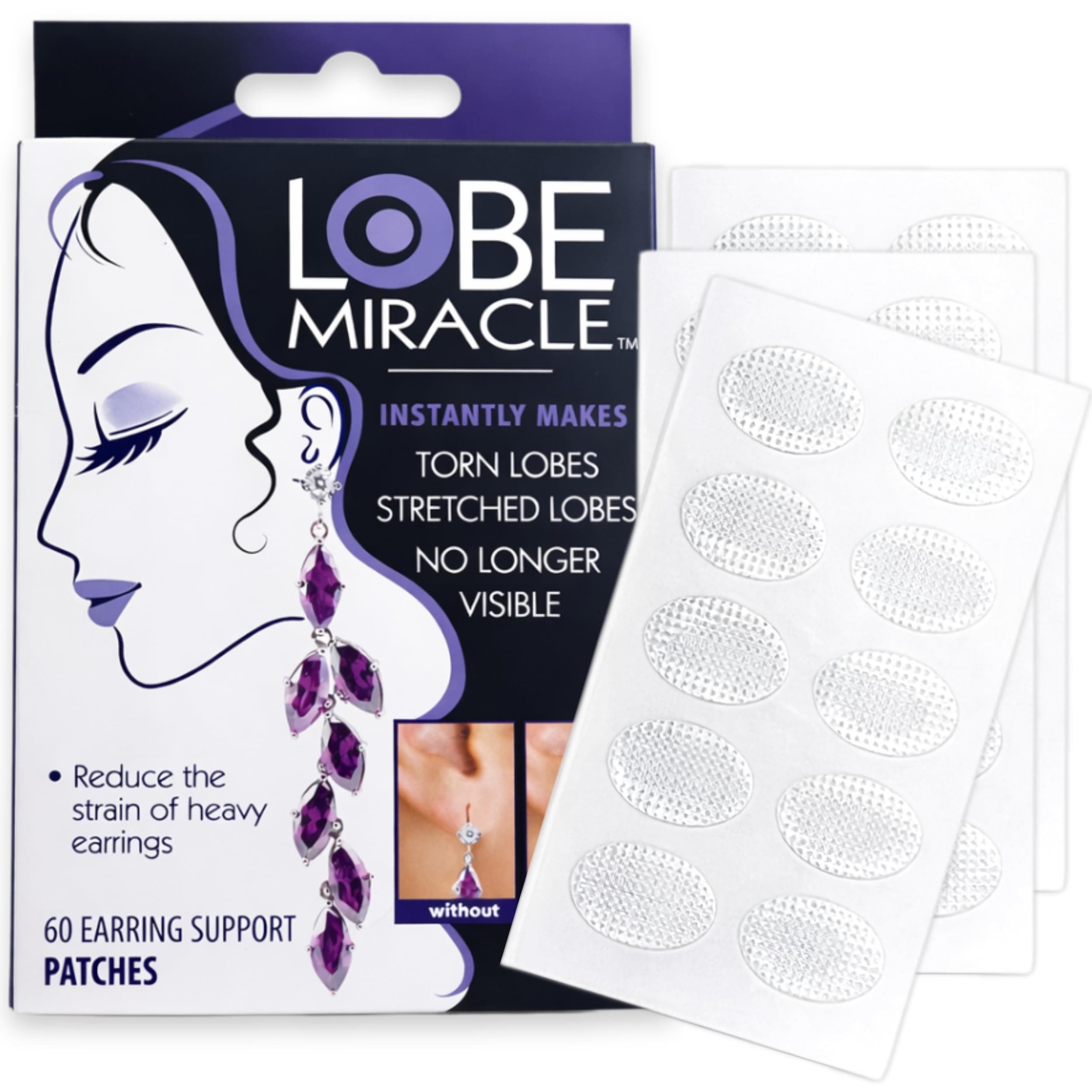 Lobe Miracle- Clear Earring Support Patches - Earring Backs For Droopy Ears - Ear Care Products for Torn or Stretched Ear Lobes (60 Patches)