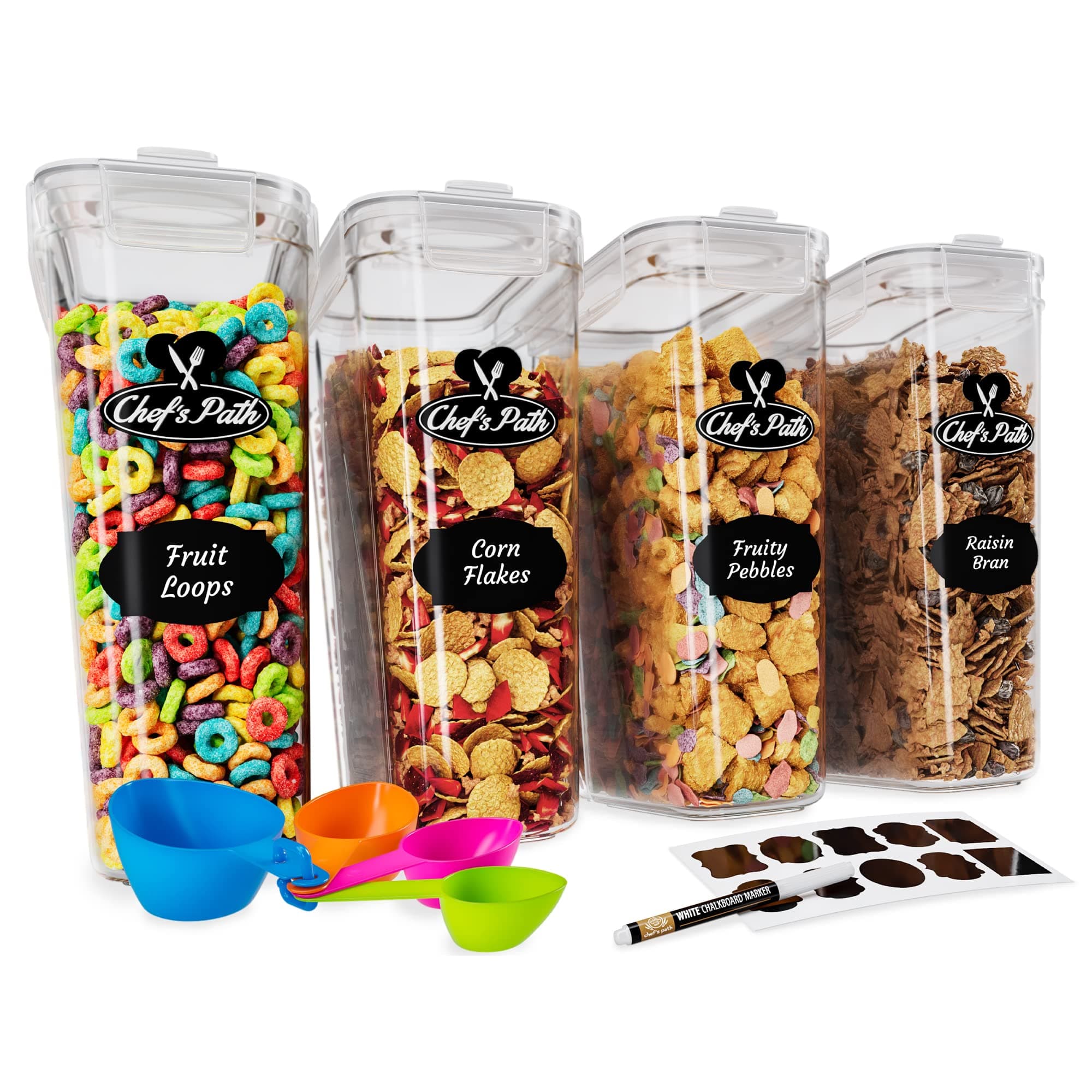 Chef's Path Cereal Container Storage Set - Airtight Food Storage Containers, 8 Labels, Spoon Set & Pen, Great for Flour - BPA-Free Dispenser Keepers (4000ml) - (4)