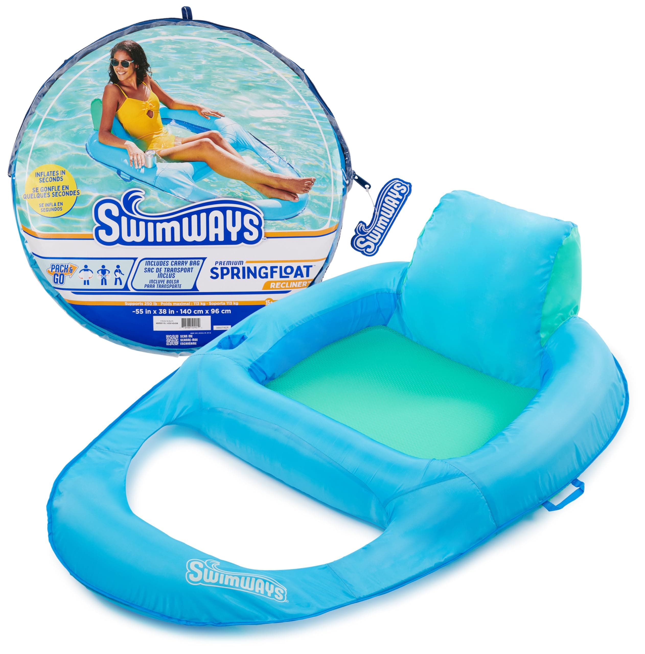 SwimWays Spring Float Premium Recliner Pool Lounger, Inflatable Pool Floats Adult with Fast Inflation for Ages 15 & Up, Sky Blue