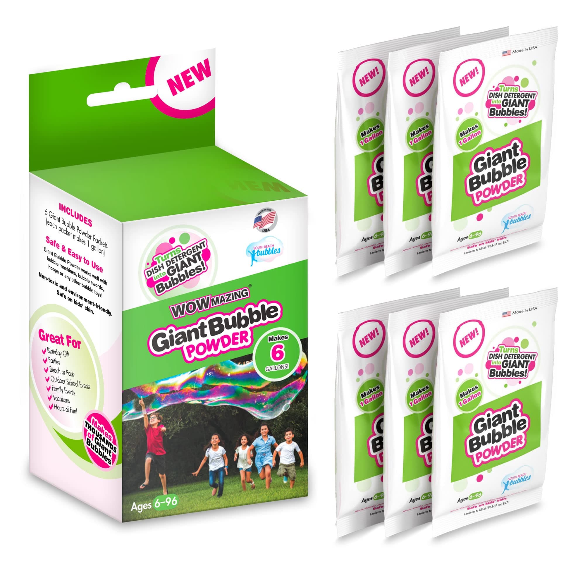 WOWmazing Big Bubble Refill Powder Mix (6 Packets) - Turns Dish Detergent into Giant Bubbles. Makes 6 GALLONS! - Made in USA