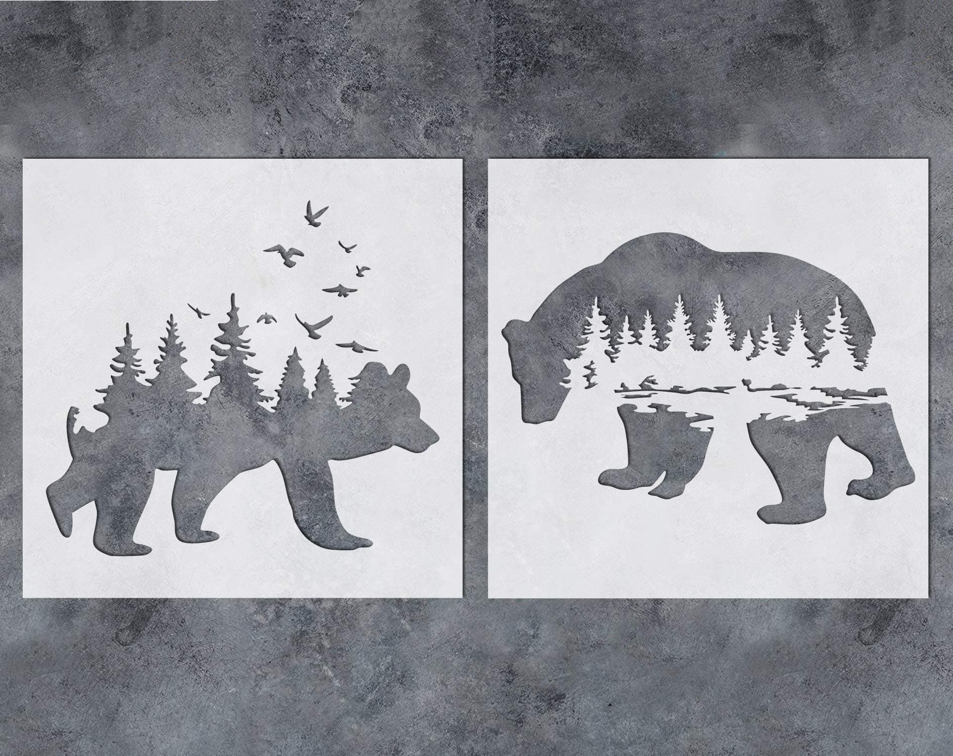 G GSS DesignsMountain Forest Bear Stencil (2 Pack) - Reusable Stencil for Walls (12x12Inch) - Art Painting for Wall Canvas Furniture Cards Decor (SL-060)