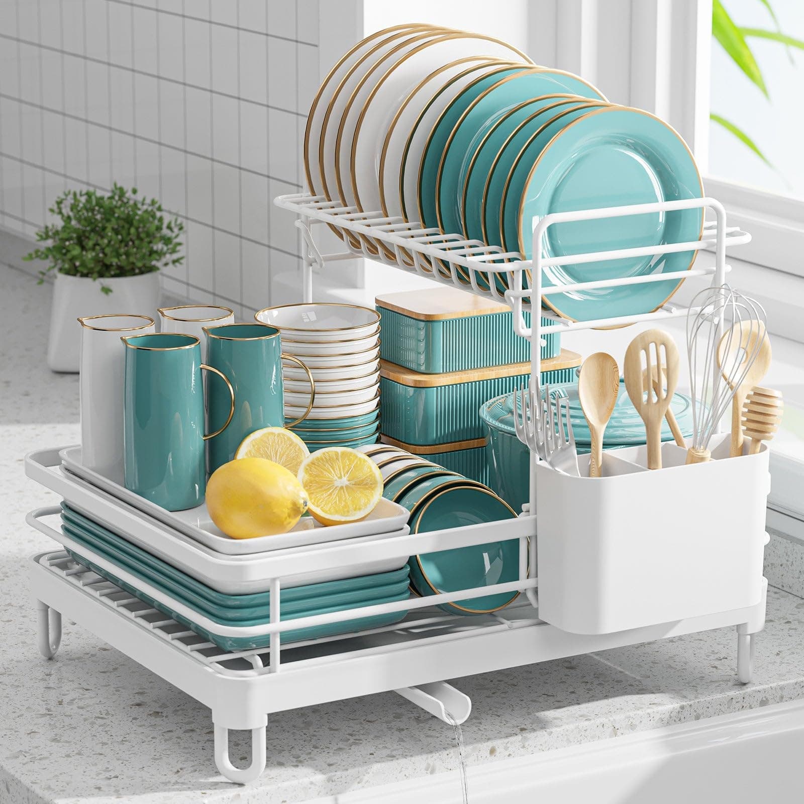 Sakugi Dish Drying Rack - X-Large Stainless Steel Dish Rack for Kitchen Counter, 2-Tier Kitchen Organizers and Storage for Dishes, Bowls, Cutlery, White