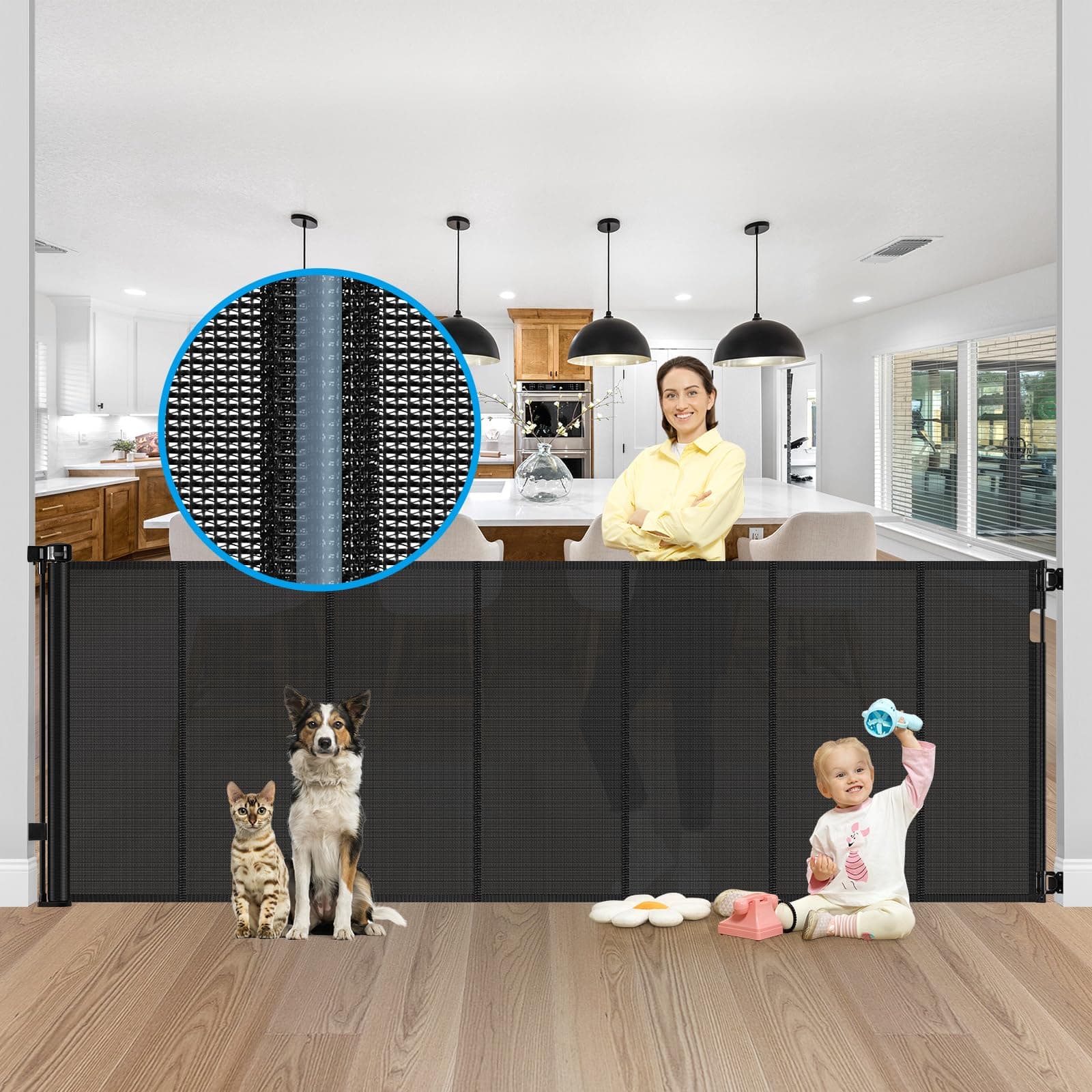Reinforced Bottom 42" Extra Tall x 100" Extra Wide Retractable Baby/Pet Gate - Black Mesh - Wall Mount - Suitable for Babies, Dogs, Cats (6-24 months) - HH-A126