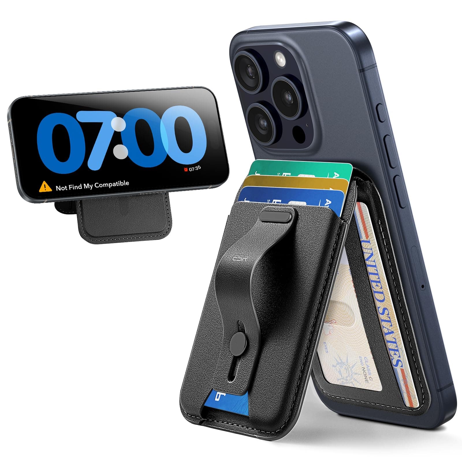 for MagSafe Wallet Stand with Grip, RFID Blocking, MagSafe Ring Included, 5 Cards Holder for Phone Case, Magnetic Wallet for iPhone 17e/17/16/15/14/13/12 (Not for mini), Selected Samsung, Black