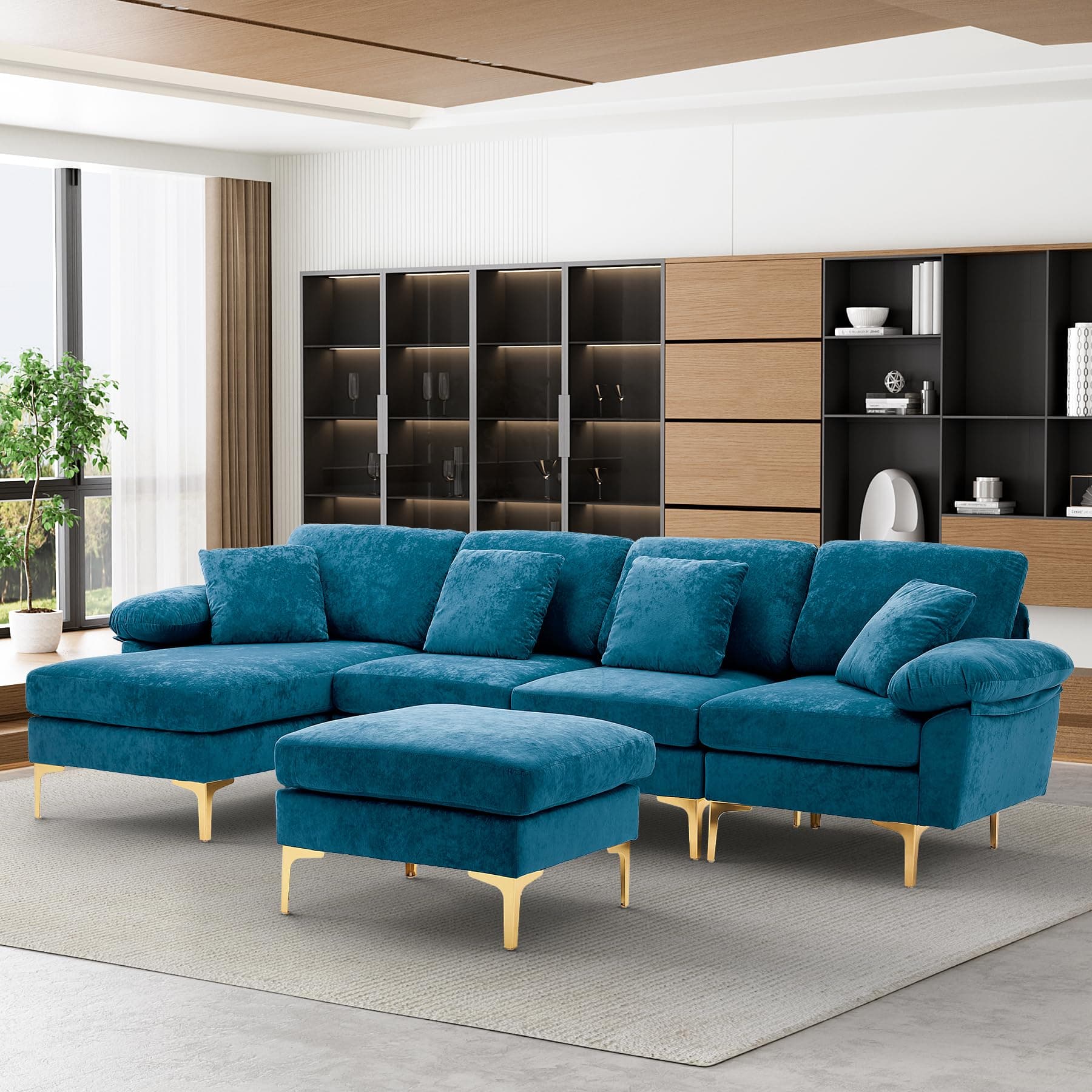 OUYESSIR U-Shaped Sectional Sofa Couch, 4 Seat Sofa Set for Living Room, Convertible L-Shaped Velvet Couch Set with Chaise Lounge, Ottoman and Pillows,114 inches (Teal Blue)