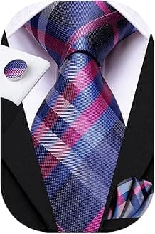 Hi-Tie Mens Plaid Ties Classic Paisley Necktie with Handkerchief Cufflinks Set Business Stripe Tie