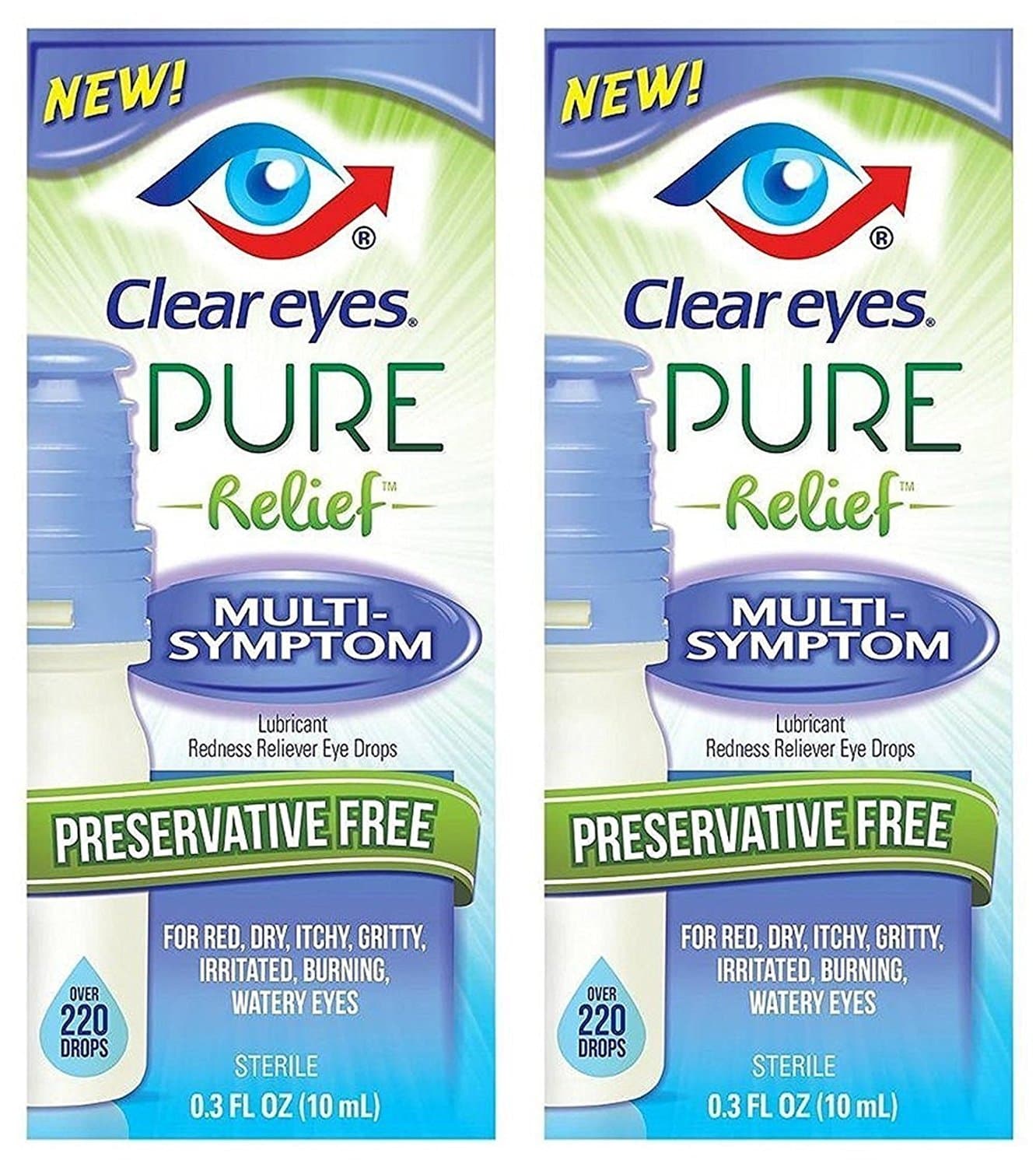 Clear Eyes Pure Relief Multi-Symptom Eye Drops, 0.34 Fl Oz (Pack of 2)