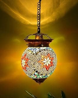 Homesake Handcrafted Mosaic Glass Hanging Lamp - Turkish Moroccan Style Pendant Light for Home Decor, Bohemian Chandelier, Modern Ceiling Light, Stylish Pendant Light, Red(Red)