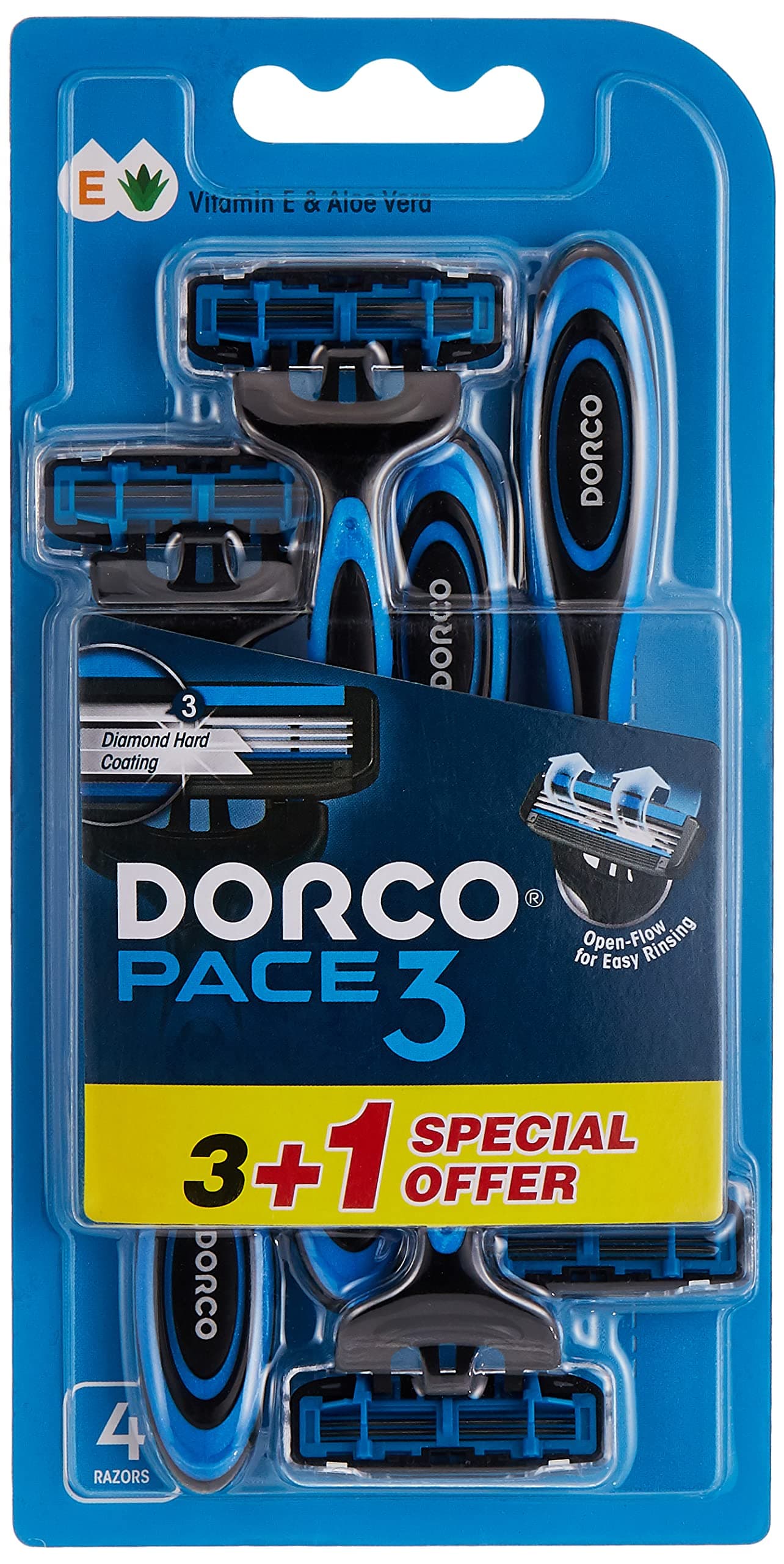 Dorco Pace 3 Plus Men's Disposable Razor, 4 Count, Pivoting Head, 3 Blades with Open-Flow Cartridge, Wider Shaving Plane, Rubber Grip Handle, Ergonomically Designed Grip