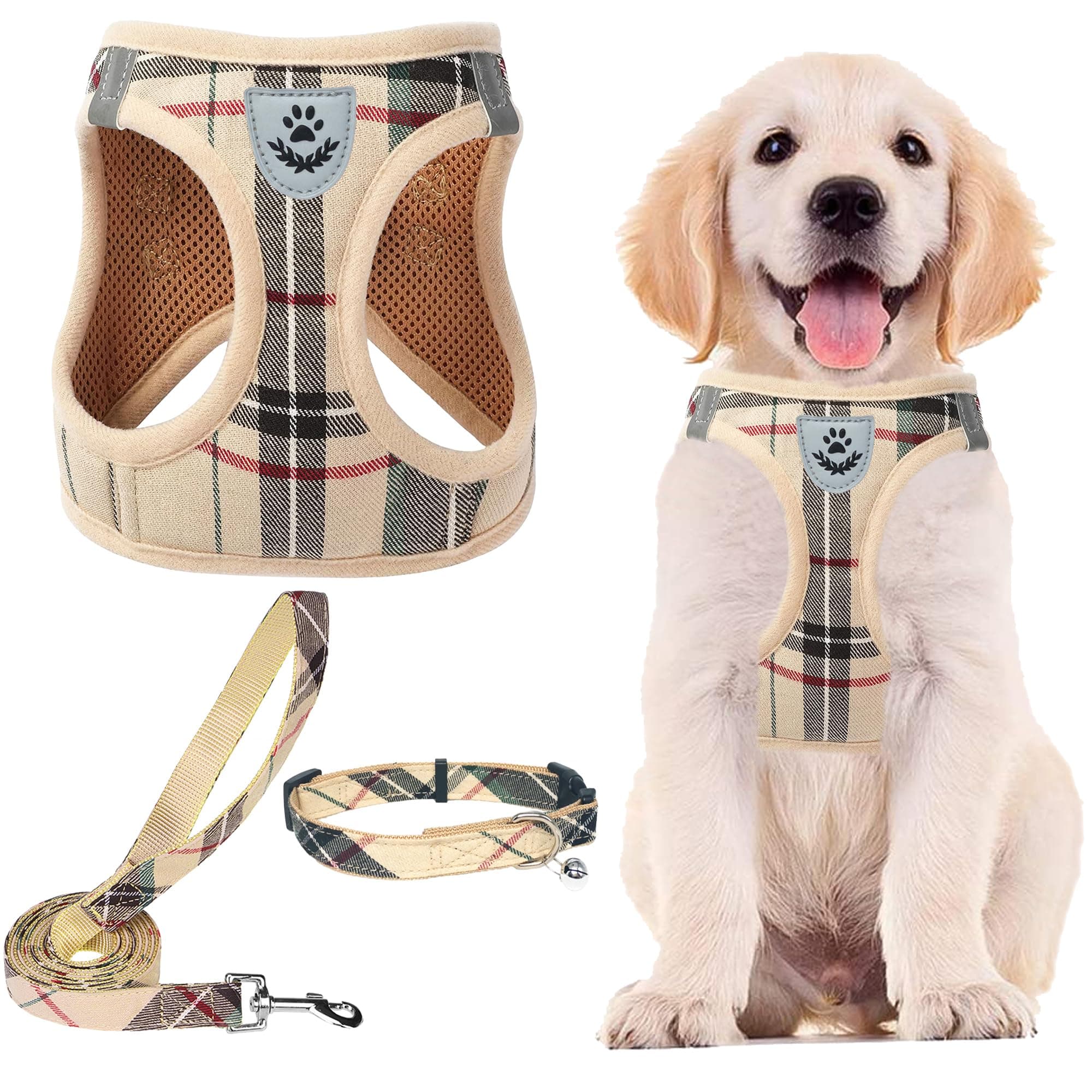 Adjustable Dog Harness Collar and Leash Set Step in No Pull Pet Harness for Small Medium Dogs Puppy and Cats Outdoor Walking Running, Soft Mesh Padded Reflective Vest Harnesses, Beige S