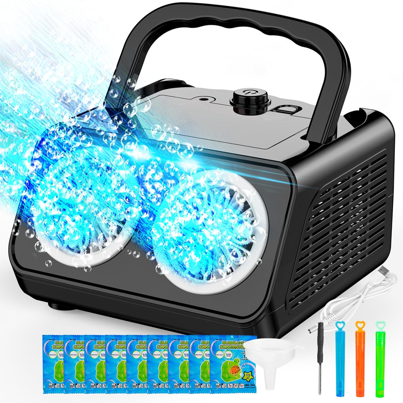 SHCKE Automatic Bubble Machine Upgrade Bubble Blower with 2 Fans,20000+ Bubbles Per Minute, USB-C or Battery Powered,Sealed Bottle, Portable Bubble Maker for Birthday Party Pool Wedding Outdoor