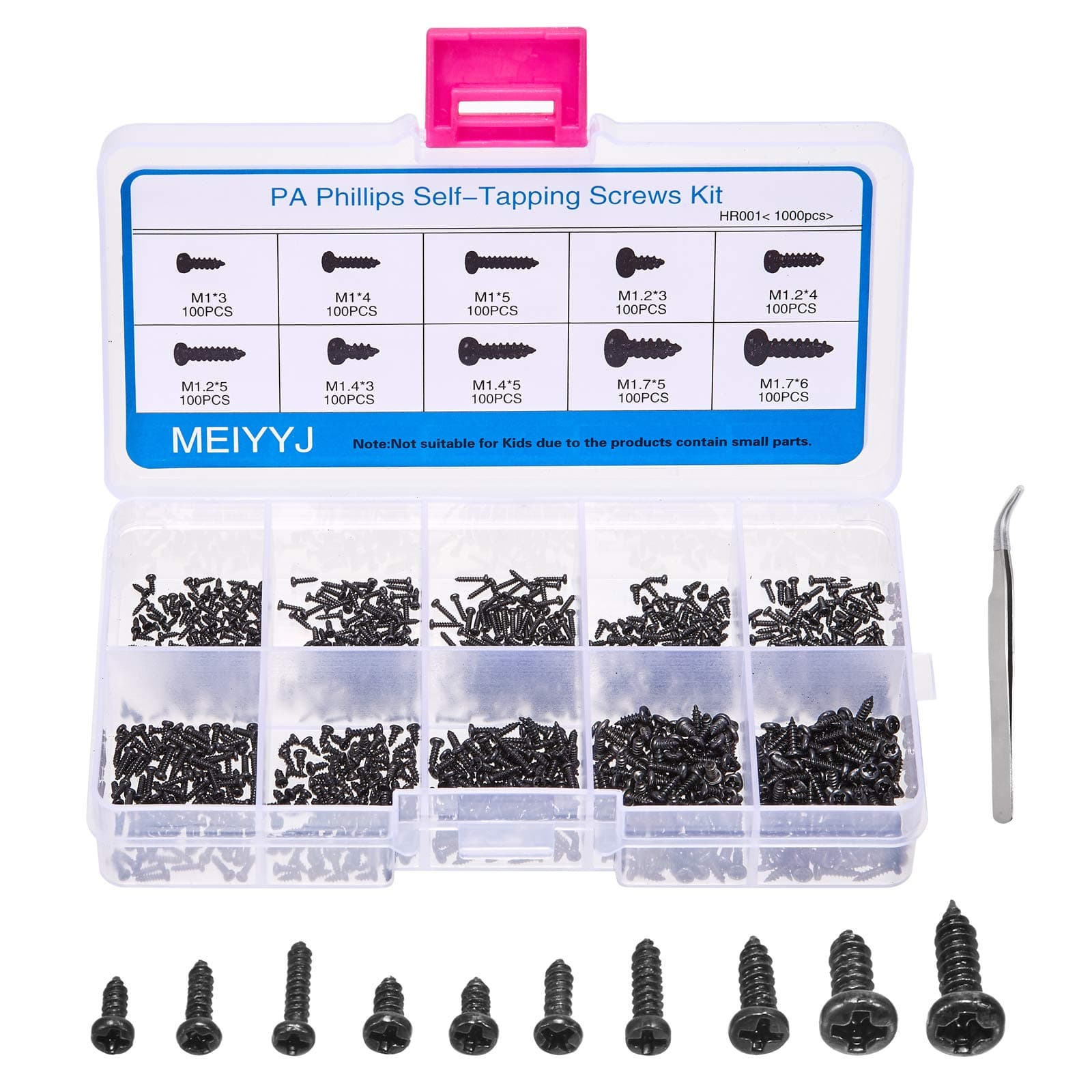 10 Kinds Small Multi-Purpose M1 M1.2 M1.4 M1.7 Phillips Head Micro Screws Self-Tapping Electronic Screws Assortment Kit Pack of 1000
