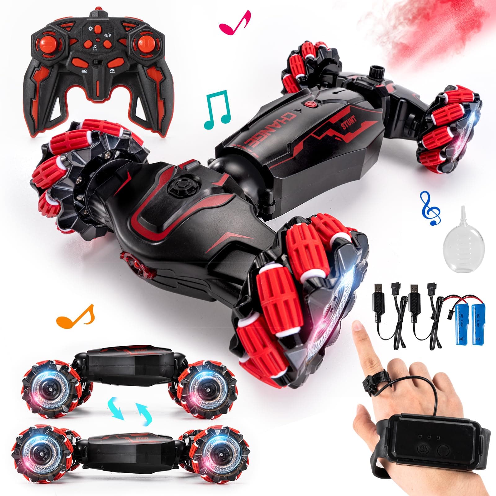 - TADOZIC 4WD Remote Control Gesture Sensor Car,Hand Controlled RC Stunt Car,Double-Sided Vehicle 360° Rotation with Light and Music Spray, Watch Toy Cars for Boys & Girls Birthday