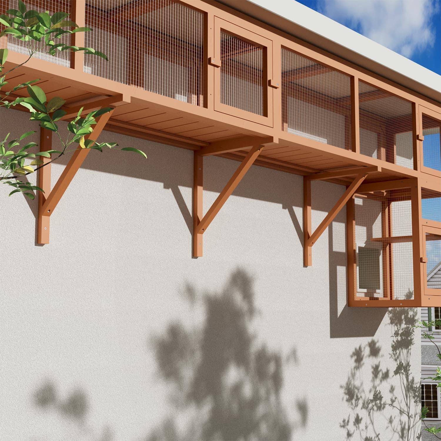 59" Wooden Cat Window with Extendable Design Connecting Inside and Outside Catio Outdoor Cat Enclosure for Sunbathing, Napping & Overlooking (Orange)