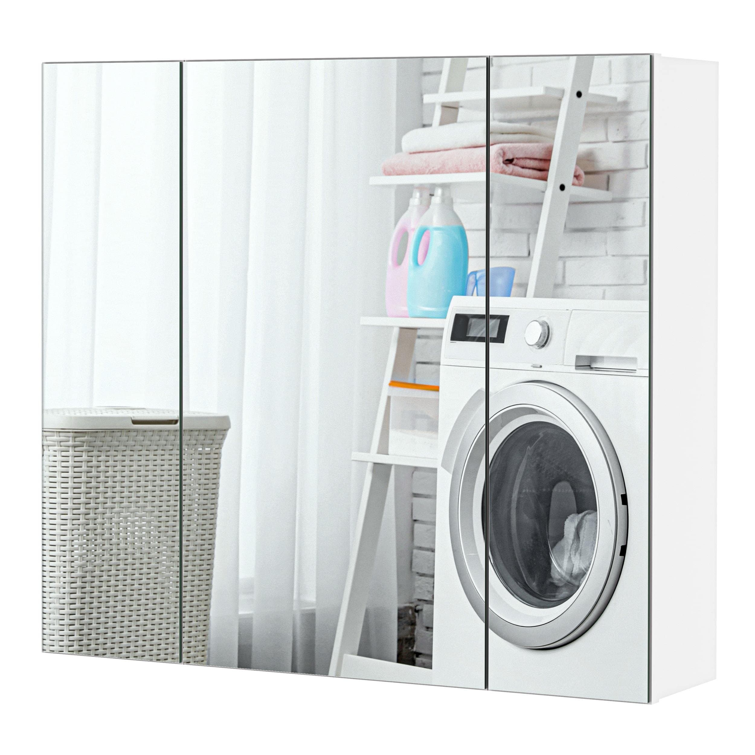 Topeakmart Wall Mounted Storage Cabinet with 3 Mirror Doors, Space Organizer with Adjustable Shelf, Easy Assembly, L28 xD6 xH24, White