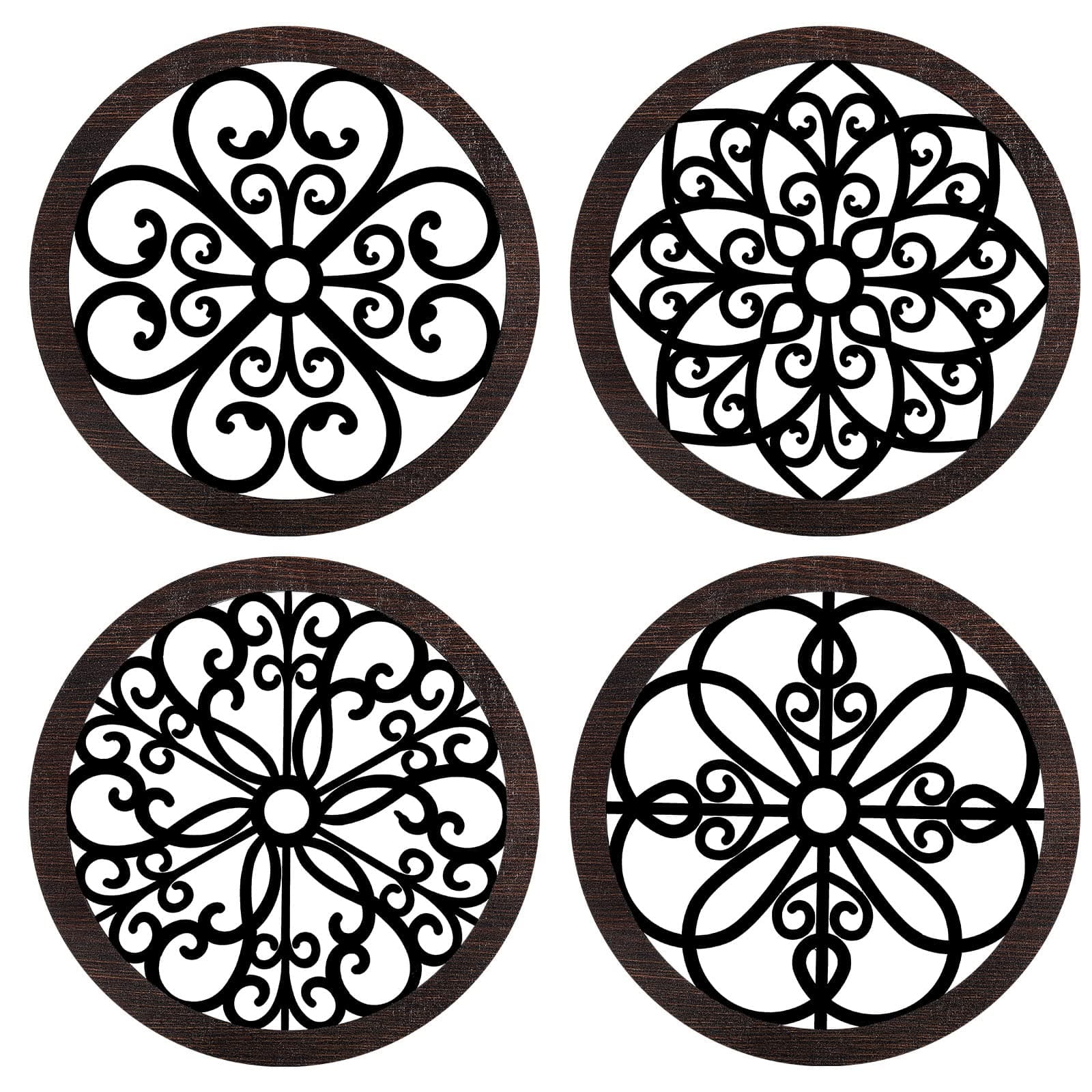 Yulejo 4 Pcs Thicken Rustic Wall Decor Farmhouse Kitchen Wall Round Art Wooden Hollow Carved Design Rustic Art for Living Room Bedroom Hallway Decor (9.8 x 9.8 Inch,Black, Brown)