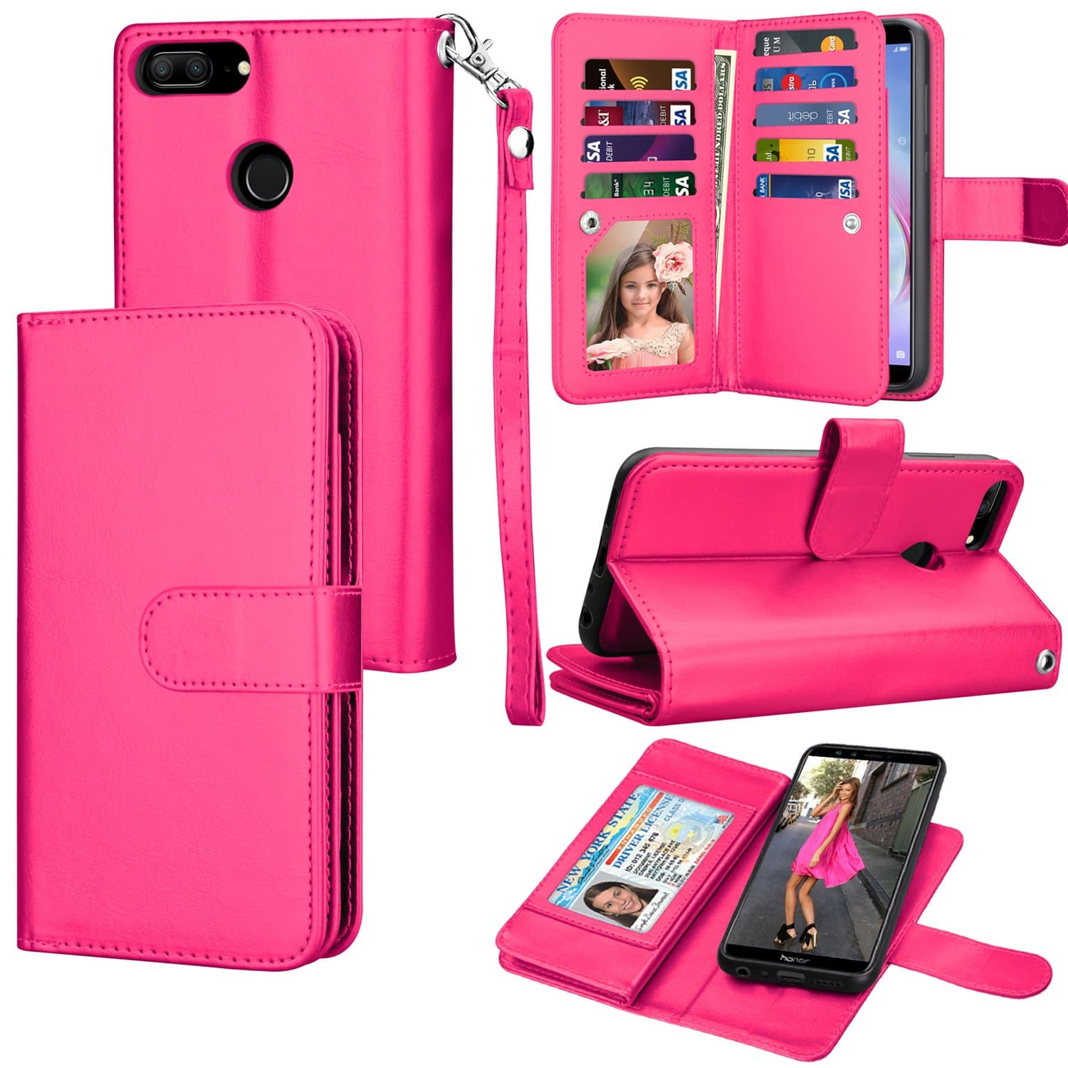 Eutekcoo Honor 9 Lite/Huawei P Smart Case, PU Leather Wallet with [Detachable 2 in 1] [Cash & Card Slots] [Magnetic Closure]&Wrist Strap Folio Flip Cover for Honor 9 Lite/Huawei P Smart-Hot Pink