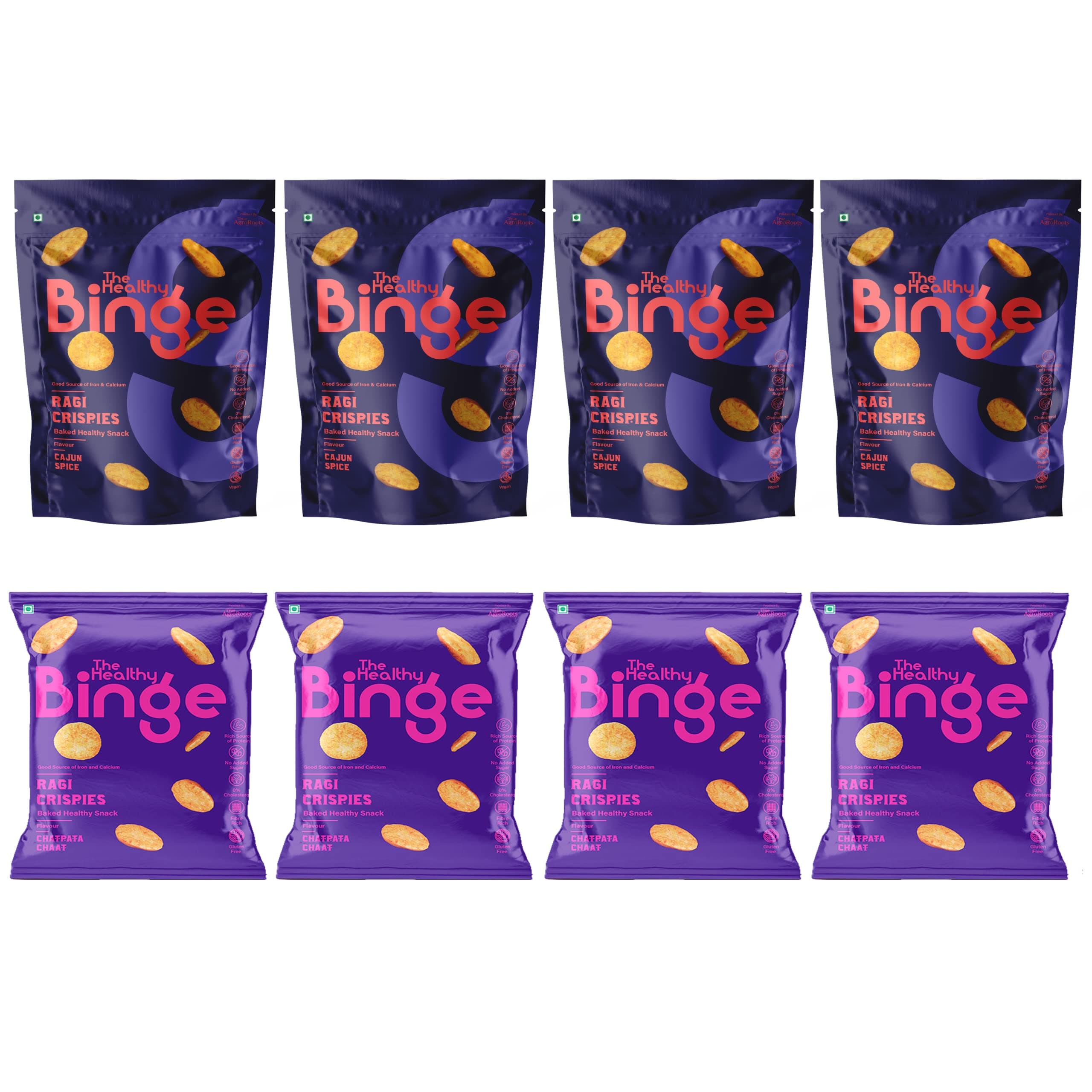 Ragi Chips Combo Pack| Baked not Fried | As seen on Shark Tank India| Healthy Snacks| 0% Cholesterol High Protein & Fiber | No MSG| Chatpata Chaat & Cajun Spice Flavour| Pack of 8