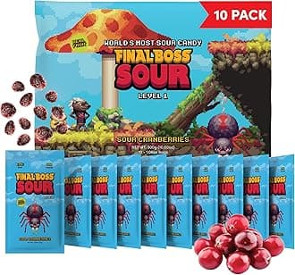 Final Boss Sour Candy, Sour Cranberries, 10 Pack, Level 1, Fruit Chews with Real Dried Fruit, No Artificial Colors or Flavors, Low Calorie Snack for Kids, Teens, Adults, Lunch Boxes