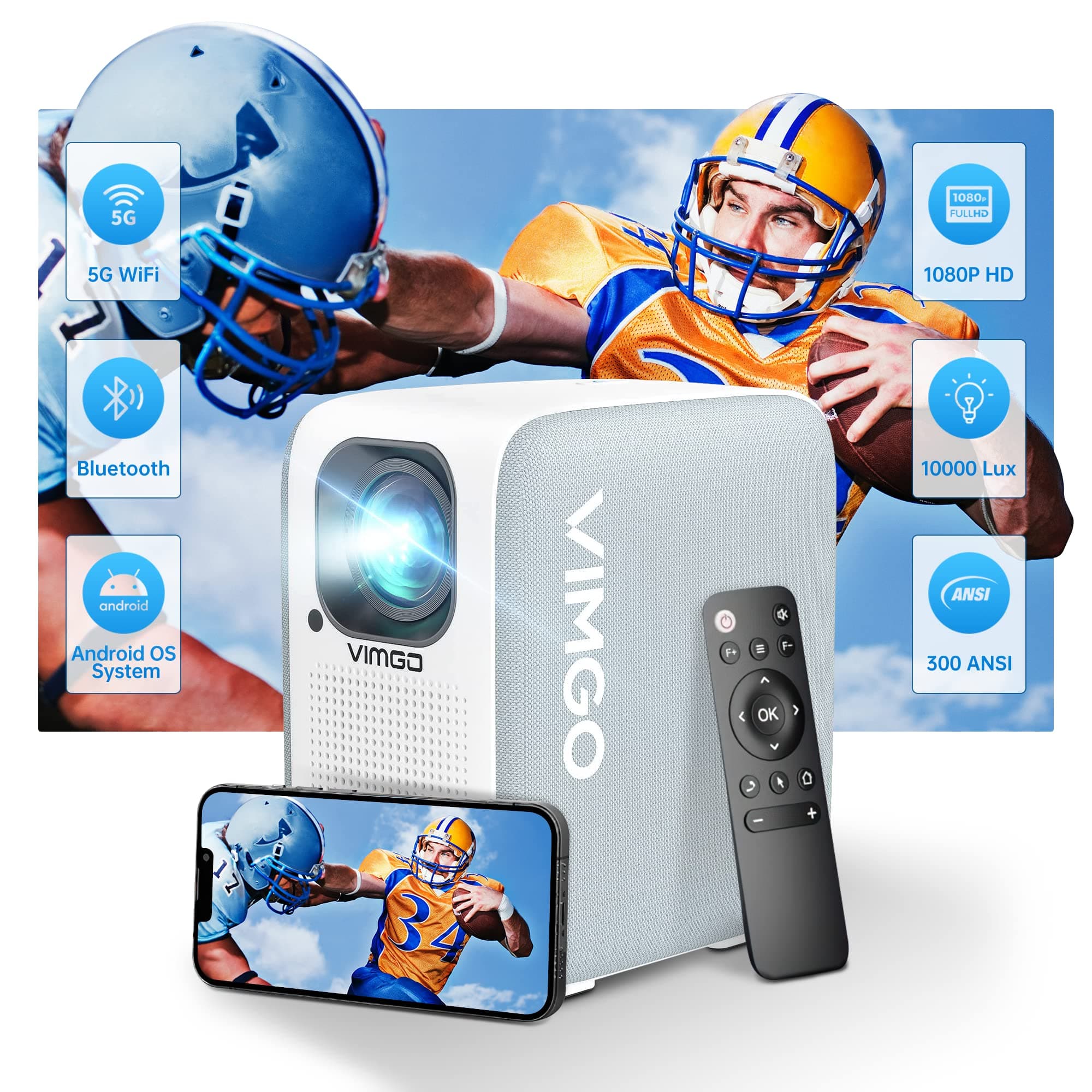 VIMGO Smart Projector - Native 1080P HD Projector 4K Supported Android OS with WiFi & Bluetooth, 300 ANSI Dustproof Movie Projector, 40-120 Inch, 360° Speaker, Portable Home Theater Entertainment