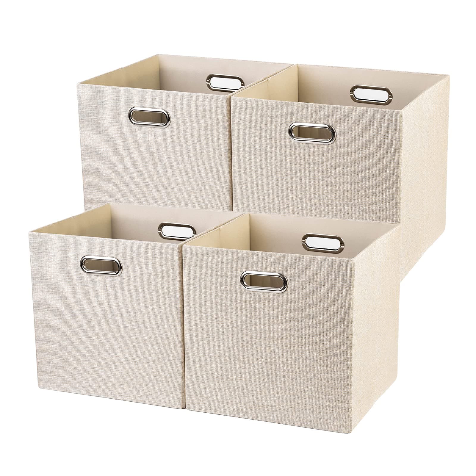 13x13x13 Cube Storage Bins 4 Pack Foldable Linen Fabric Organizer Storage Bin with Metal Handles Neaterize for Nursery, Clothes, Toys, Books (Beige)