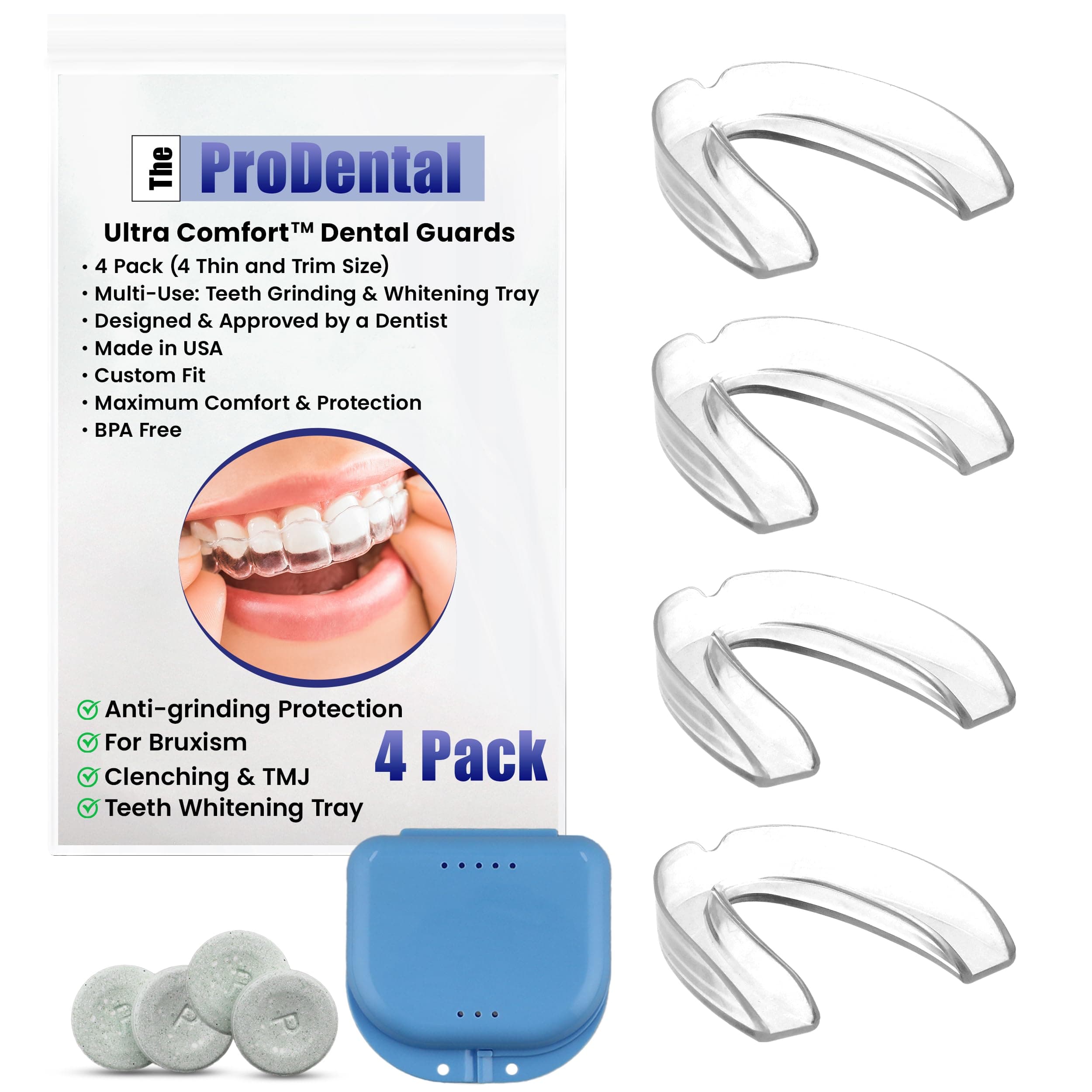 Mouth Guard for Grinding Teeth - 4 Pack, Thin and Trim Anti Grinding - Teeth Whitening Dental Guard, Stops Bruxism & Clenching Teeth at Night, USA Made - No BPA, Includes Night Mouth Guard Case