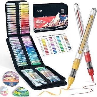48 Colors Acrylic Paint Markers with Canvas Bag, School Water-Based No-Bleed Paint Pens with Automatic Ink Control, Waterproof Brush Tip Markers for Rock, Egg, Wood, Fabric, Glass, DIY Crafts