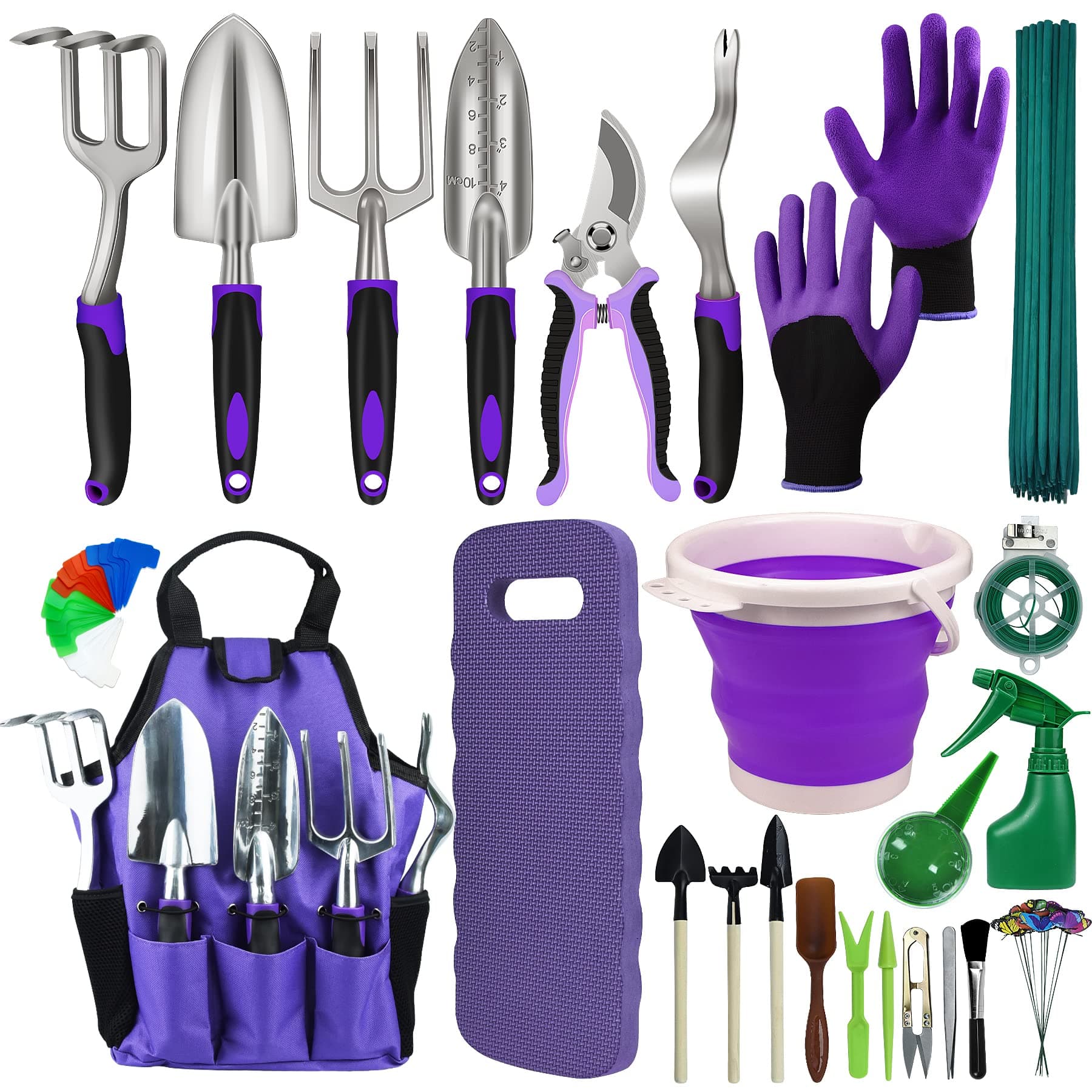 EAONE Garden Tools Set 105Pcs, Gardening Kit Includes Heavy Duty Aluminum Gardening Hand Tool, Kneeling Pad, Succulent Tools with Garden Tote Bag, Gardening Gift for Women Men and Plant Lover(Purple)