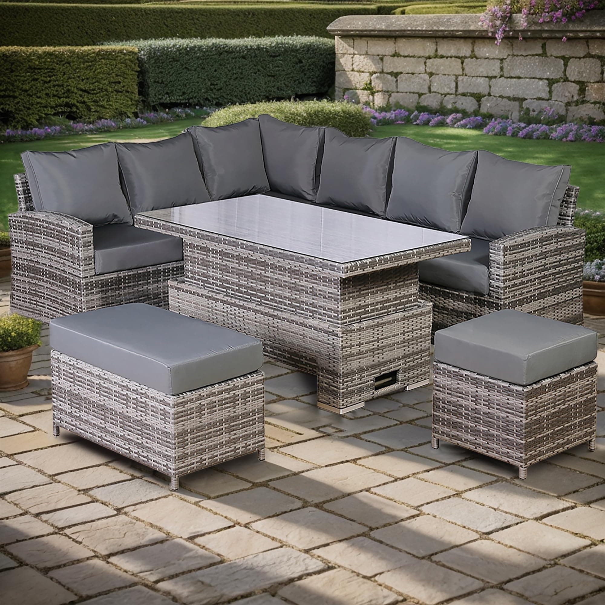 Club Rattan Harmony High Back Left Hand Corner Sofa Set with Rising Table in Grey, 9 seater rattan garden Garden furniture