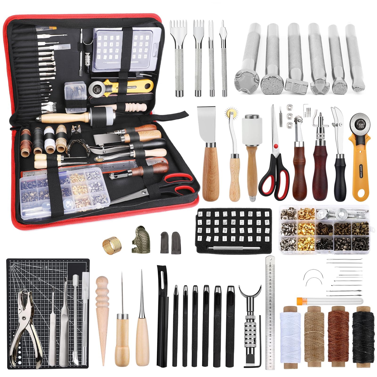 Leather Working Kit, Leather Working Tools for Beginners, Leather Crafting Tools and Supplies with Storage Bag Sewing Carving Punching Cutting Stamping Tools, Leather Tooling Kit for DIY Craft