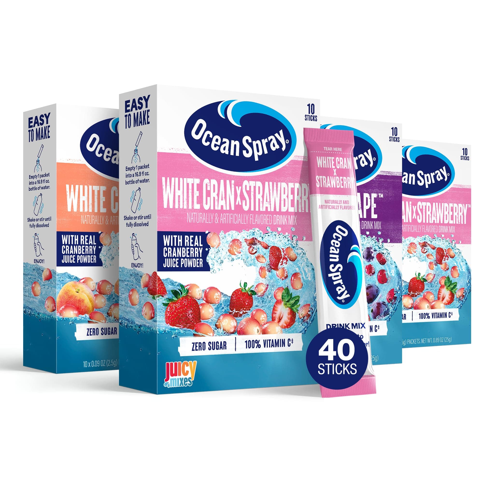 Ocean Spray® Variety Pack Zero Sugar Powder Drink Mix Packets with Real Cranberry Juice Powder, 100% Vitamin C, No Synthetic Dyes, Juicy Mixes (40ct)