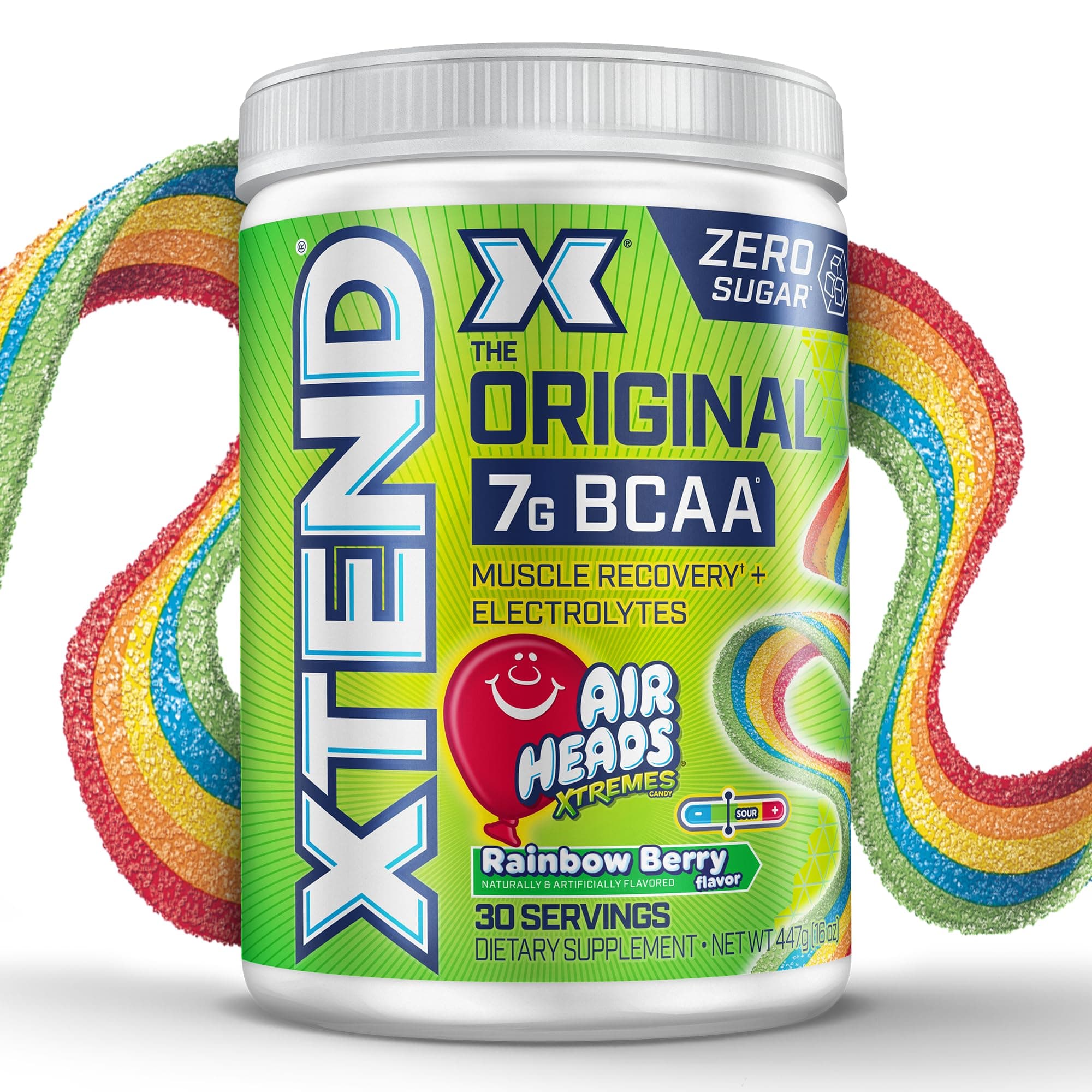 Original BCAA Powder, 7g BCAAs and 2.5g L-Glutamine for Muscle Recovery, Hydration, and Lean Muscle, Sugar Free Intra and Post Workout Drink, Airheads Xtreme Rainbow Berry, 30 Servings