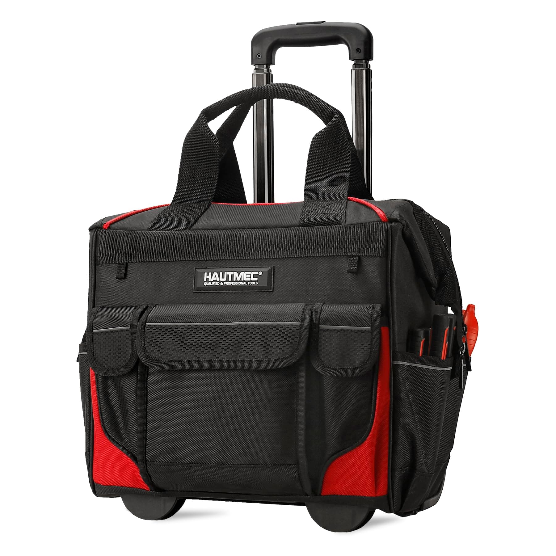 14.5" Rolling Tool Bag on Wheels, Heavy-Duty Tool Bag with High-Density Oxford Fabric, Oversized Off-Road Wheels, Wide-Mouth Design, 25-Pocket, Double Zipper & Telescoping Handle - HT0179