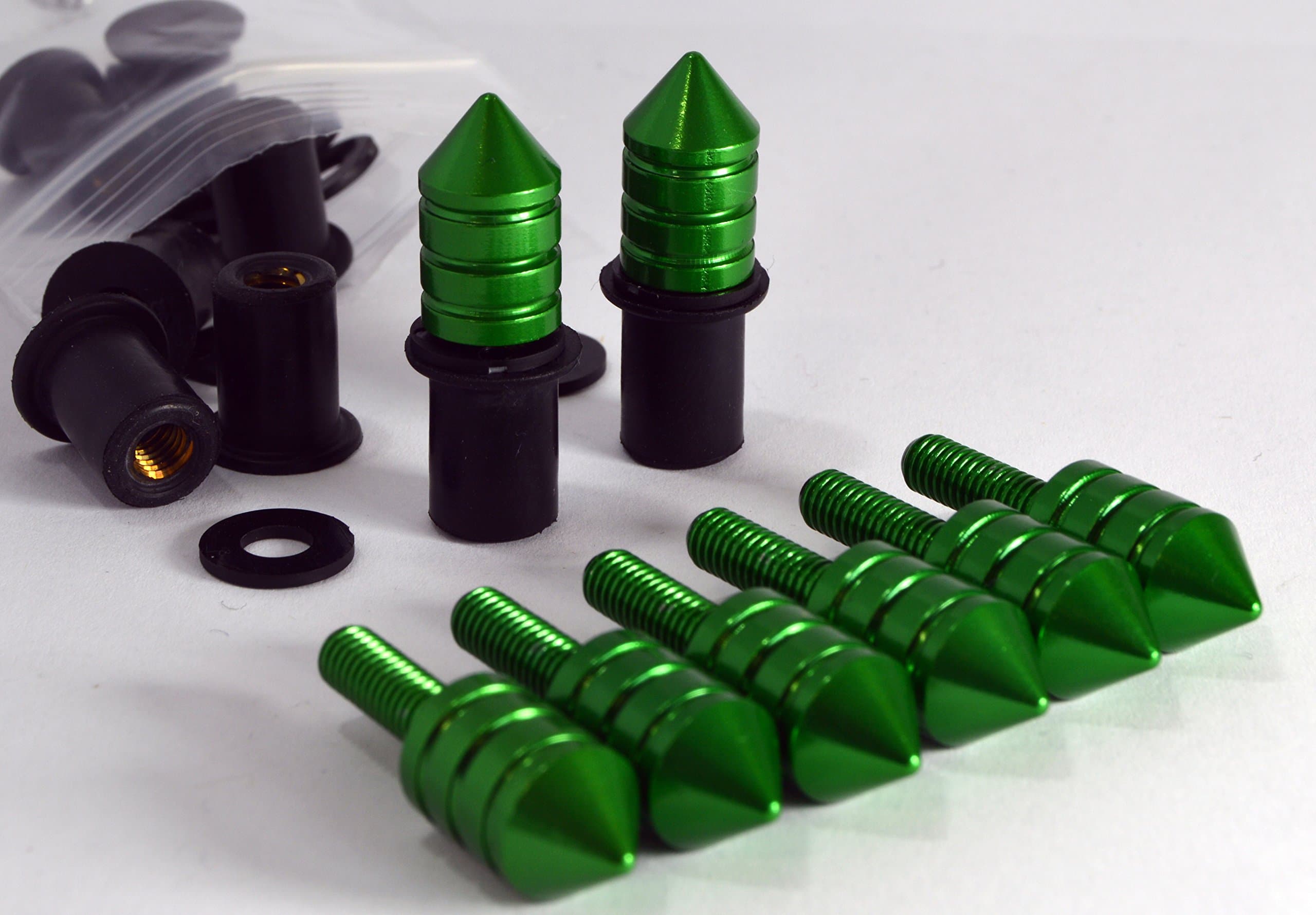 Universal Green Spike Bolt WellNut Kit - Windscreen Replacement Kit, Replaces Windshields on Honda Kawasaki Suzuki Yamaha Ducati Triumph - 8 Bolt Set