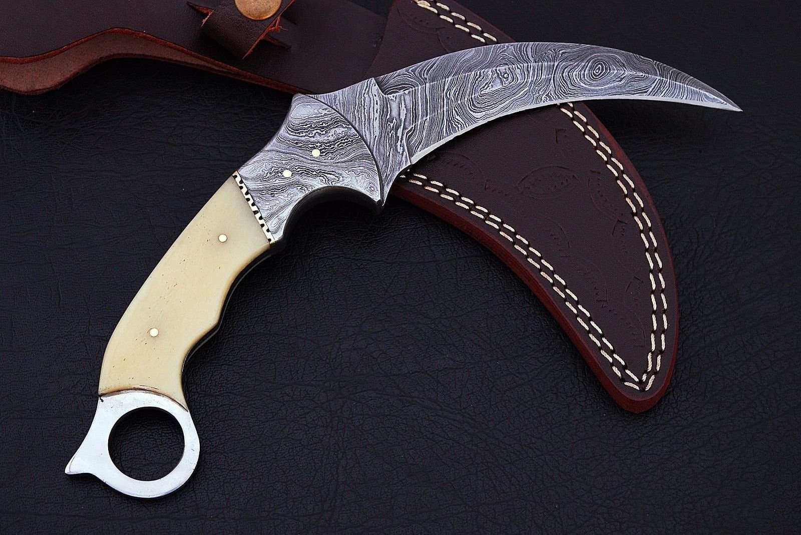 Noshra Wholesale Bone Handle Damascus Steel Full Tang Hunting Knife W/Prime Quality Blade with Silver Bolster/Case