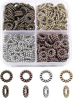 NBEADS About 400 Pcs Tibetan Style Alloy Spacer Beads, 4 Colors Large Hole Antique Metal Beads Flat Round Tibetan Pendants Set for Jewelry Making, 10x1.5mm, Hole: 4~5mm