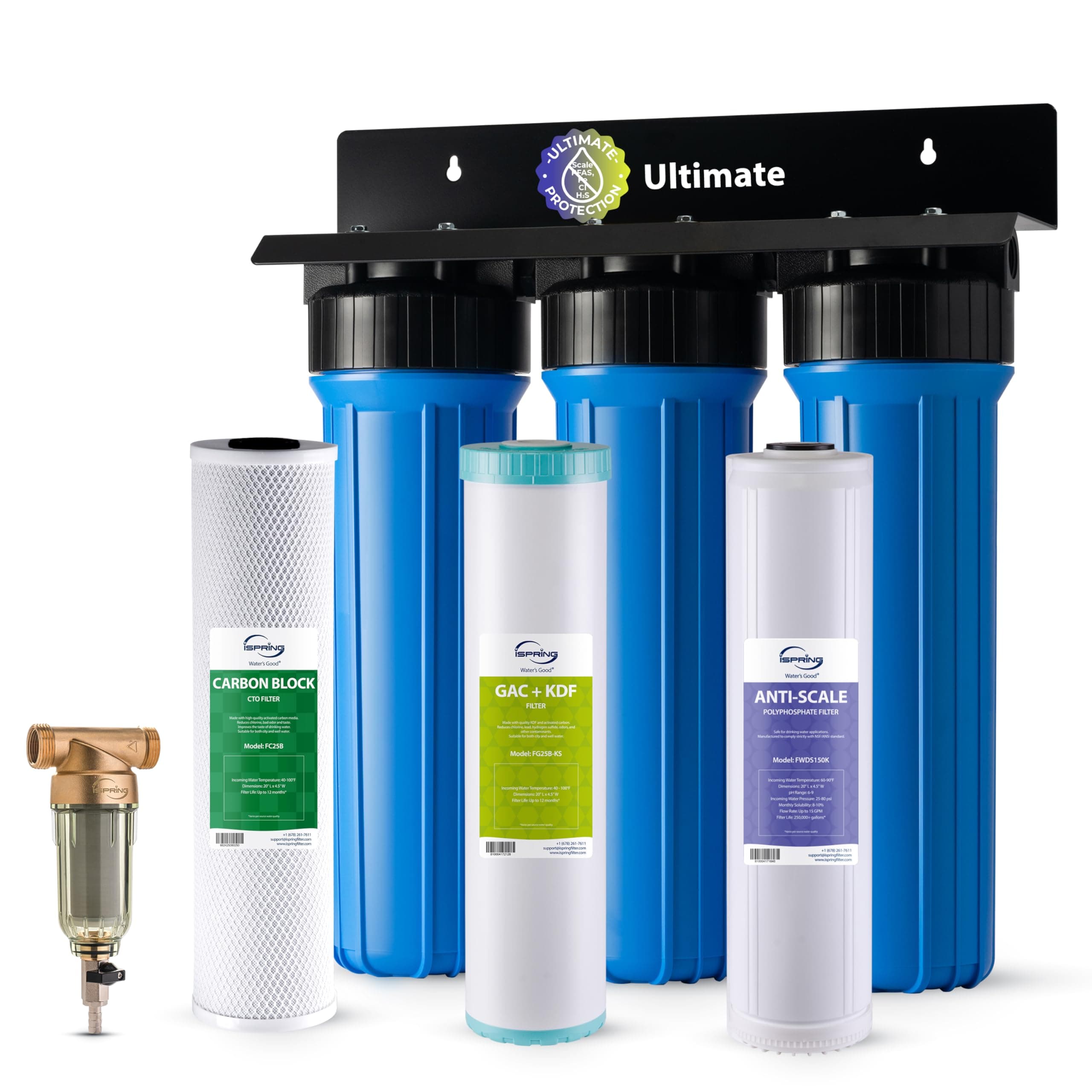 iSpring Whole House Water Filter System w/Spin Down Sediment Filter, Polyphosphate Anti-Scale, GAC+KDF, and Carbon Block Water Filters, Water Descaler and Water Filter, Model: WGB32B-KDS+WSP50