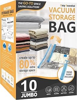 Cozy Essential Vacuum Storage Bags, Compression Space Saver Bags for Clothes, Comforters, Blankets, Pillow, Bedding, Sealer Clothing Storage,10 Jumbo