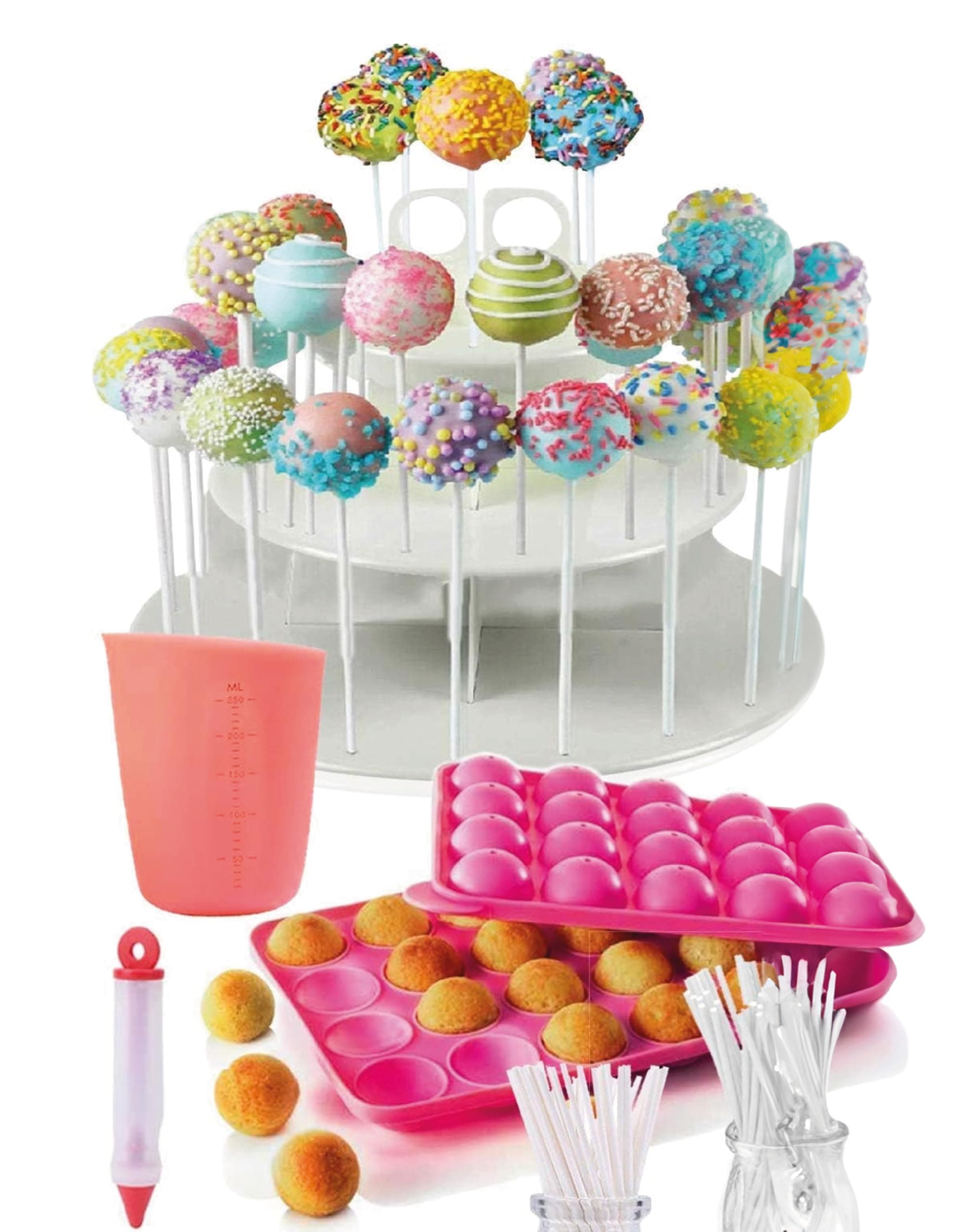 APRON HEROES- Complete Cake Pop Maker Kit, Nonstick, Silicone, Cake Pop Maker, Cake Pop Kit, with, Cake Pop Stand Holder, Cake Pop Molds, 120 Lollipop Sticks, Melting Pot, Decorating Pen, & Twist Ties
