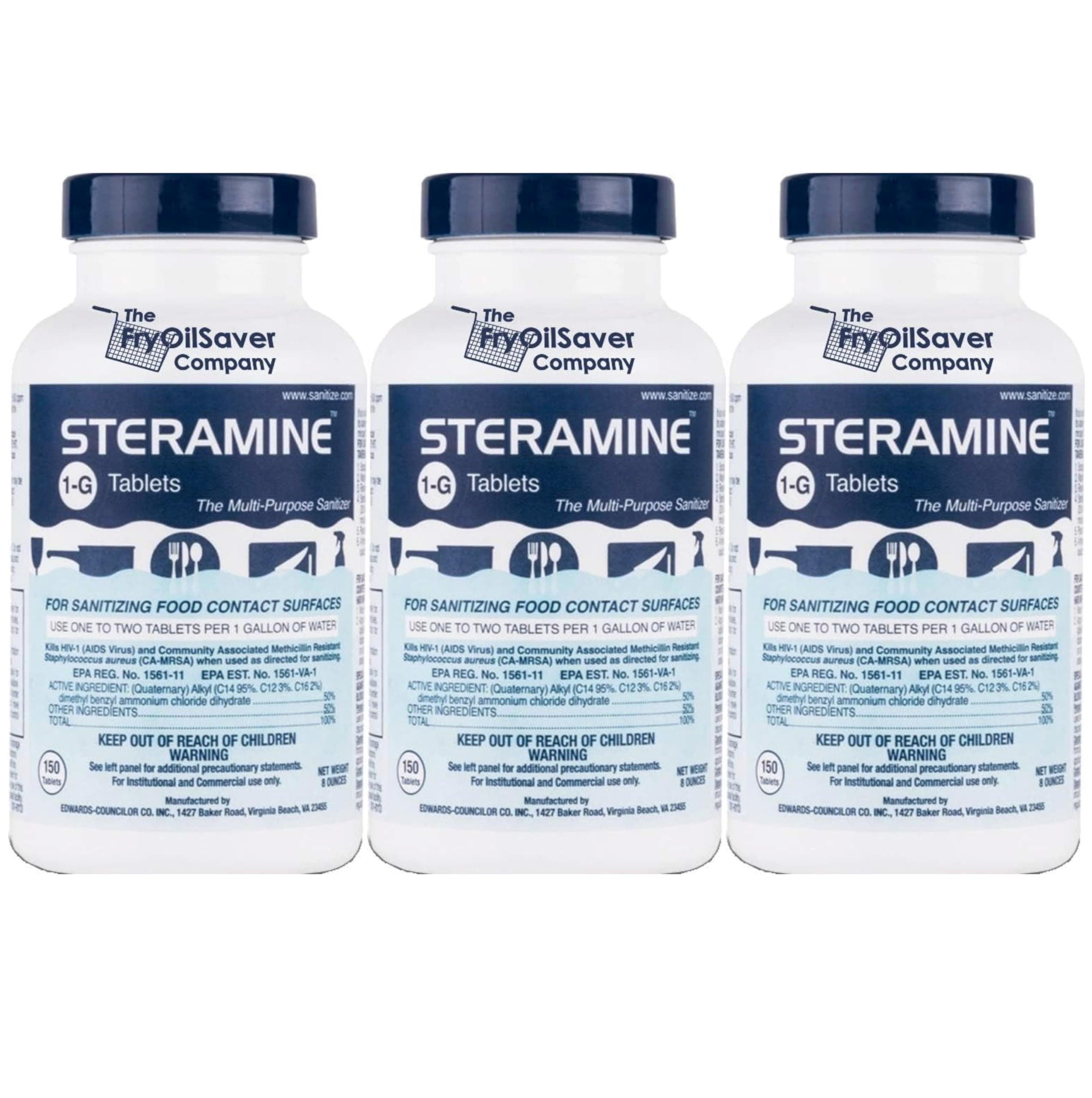 Steramine Quaternary Sanitizing Tablets (450 Count) - Commercial Sanitizer Tablets for Food-Contact Surfaces, Kitchen & Food Service - No-Rinse Dish Sanitizer Sanitabs - 150-Count/Bottle, 3-Pack