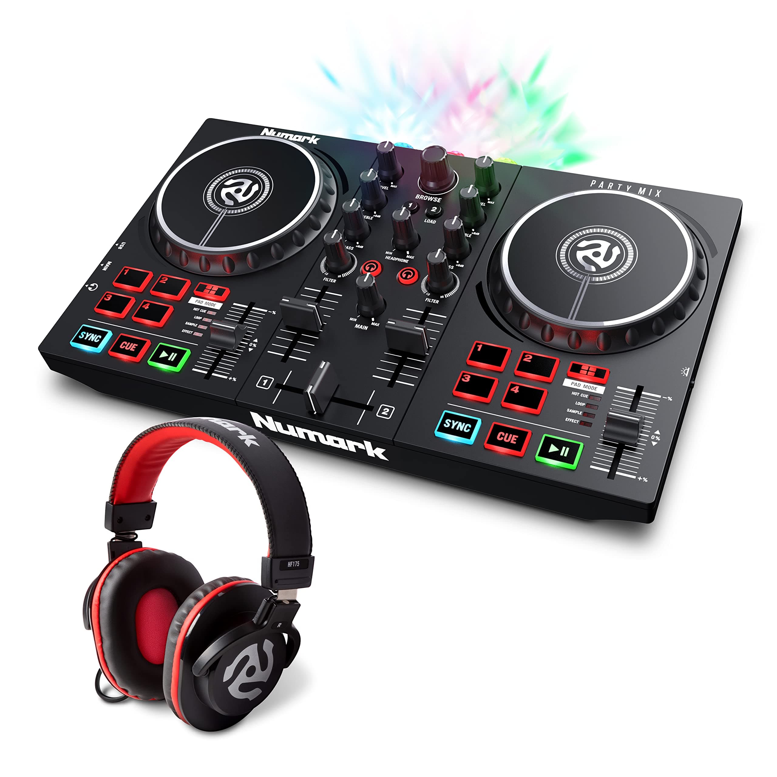 DJ Controller Bundle - USB DJ Set with Party Lights, 2 Decks, DJ Mixer, Audio Interface and DJ Headphones - Numark Party Mix II and HF175