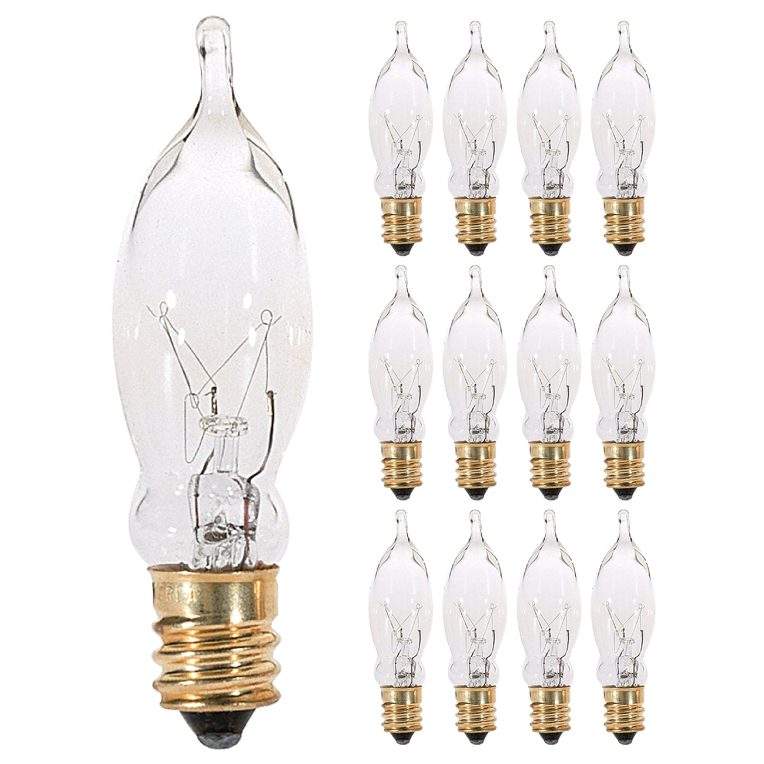 (12 Pack) 7.5CFC/15/3 7.5W 120 Volt, Flame Candelabra Tip Chandelier Bulb, Clear CA5 Incandescent, Petite Decorative Lamp, E12 Candelabra Brass Plated Base, 40 Lumens, Dimmable.