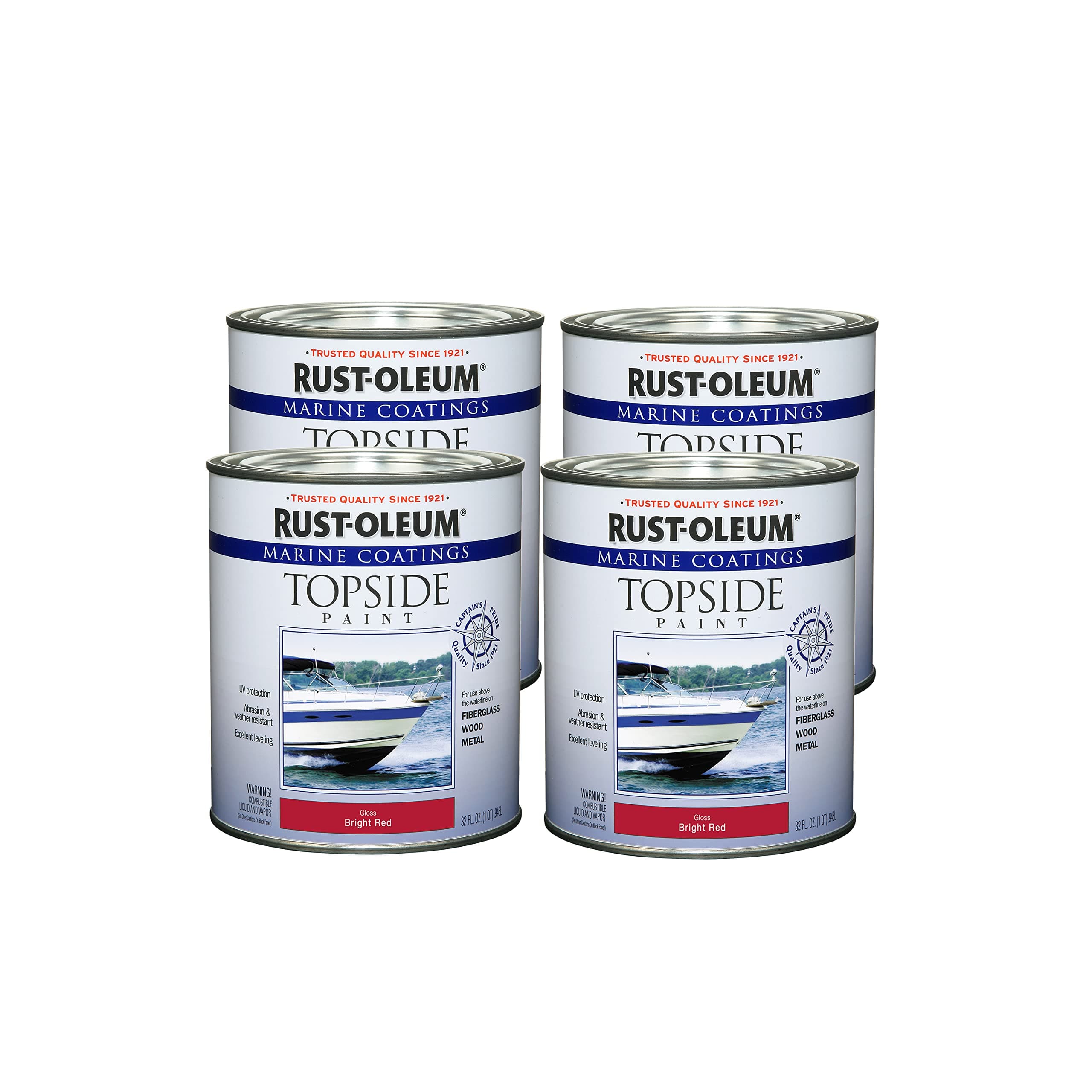 Rust Oleum 207004 4PK Marine Topside Paint, 4 Pack, Bright Red
