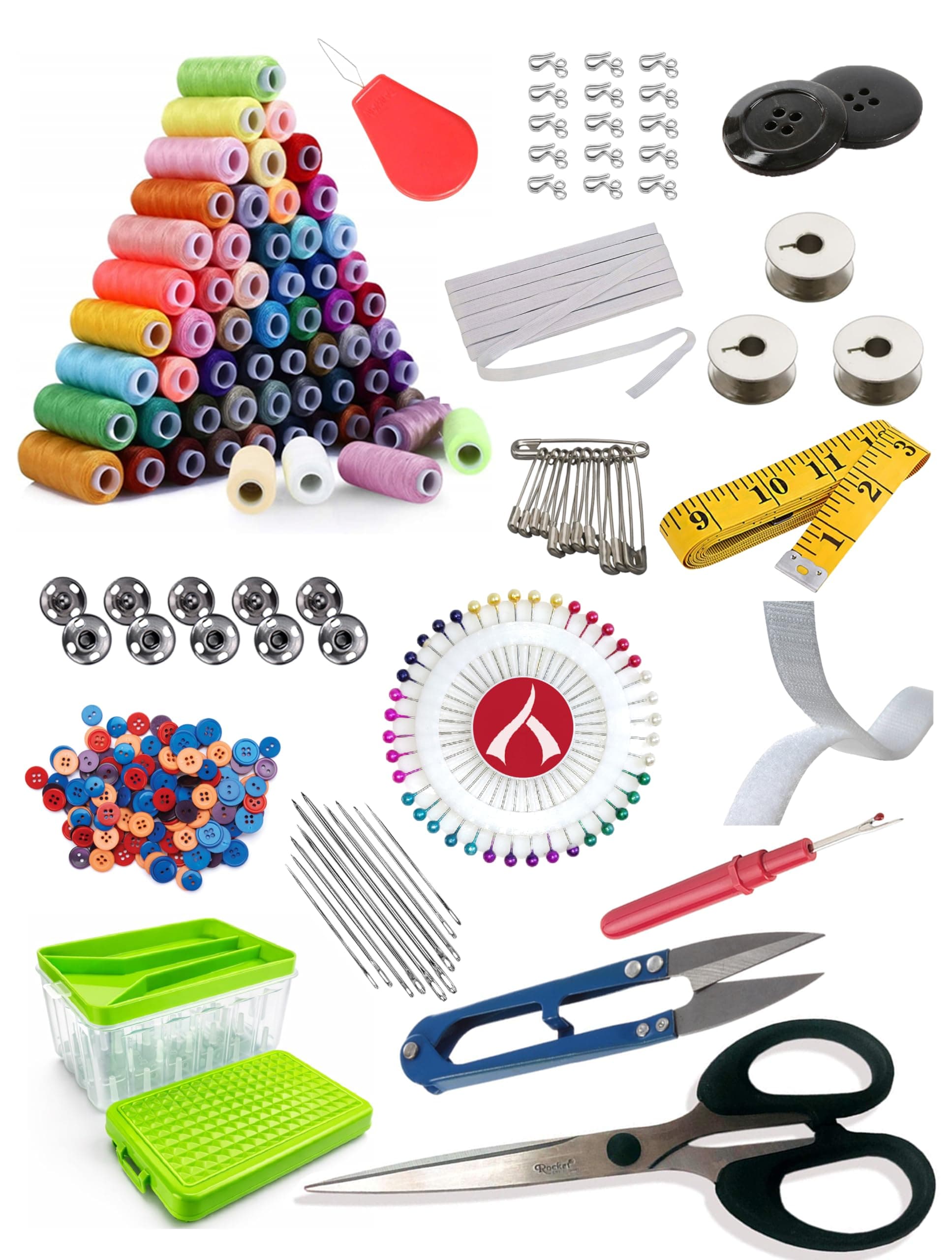 Aezzo 144 Pcs. Double Layer Tailoring Sewing Kit Box with 24 Thread Spool,Needles,Measure Tape, Dress & Trouser Hook,Bobbins,Shirt Buttons,Seam Ripper,Scissors,Pearl Pin with Sewing Kit Box.