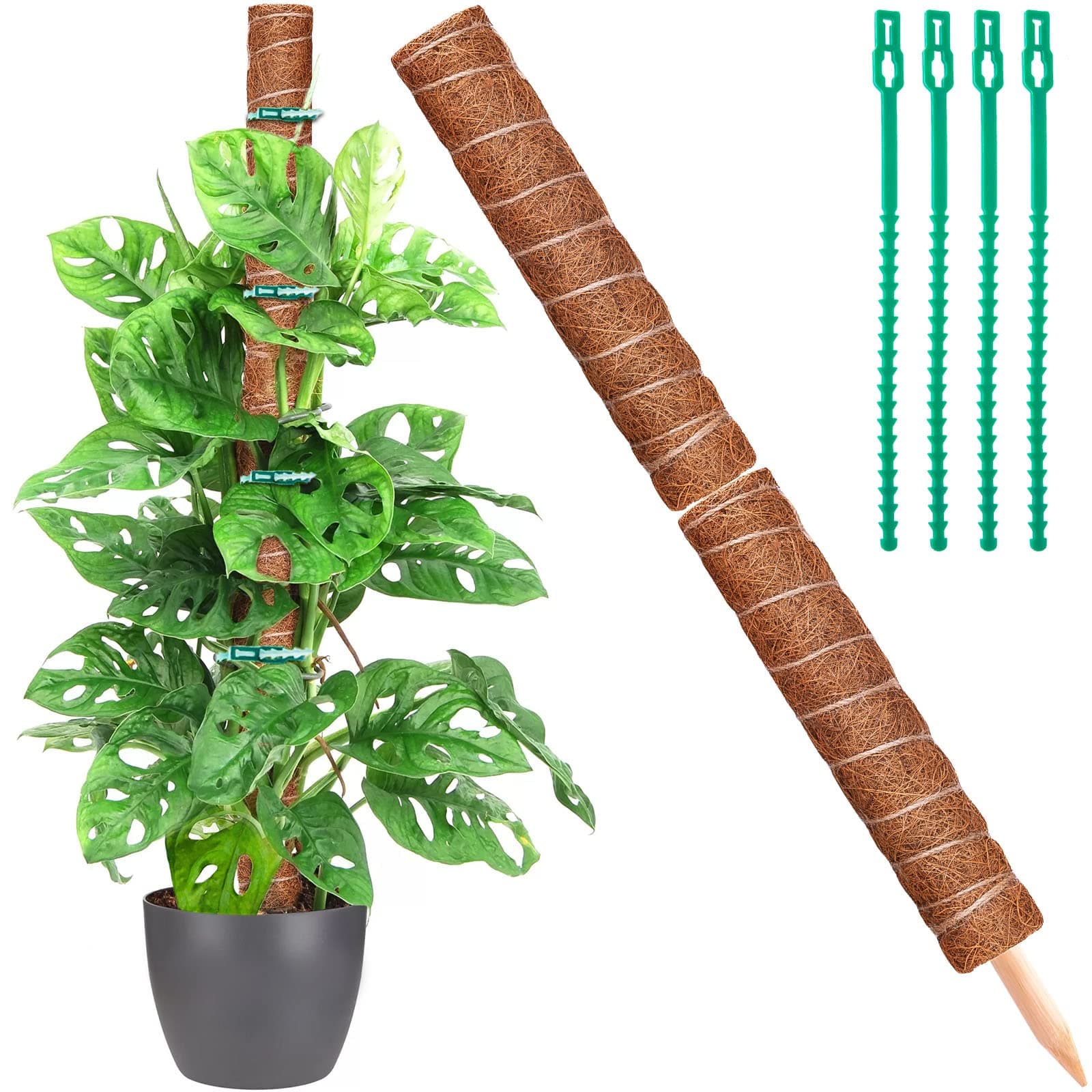2 Pack 17.7'' Coir Totem Pole with 4 Plant Wrap Ties,Coir Moss Totem Pole Stick for Plant Support Extension, Climbing Indoor Plants, Creepers and Epipremnum Aureum