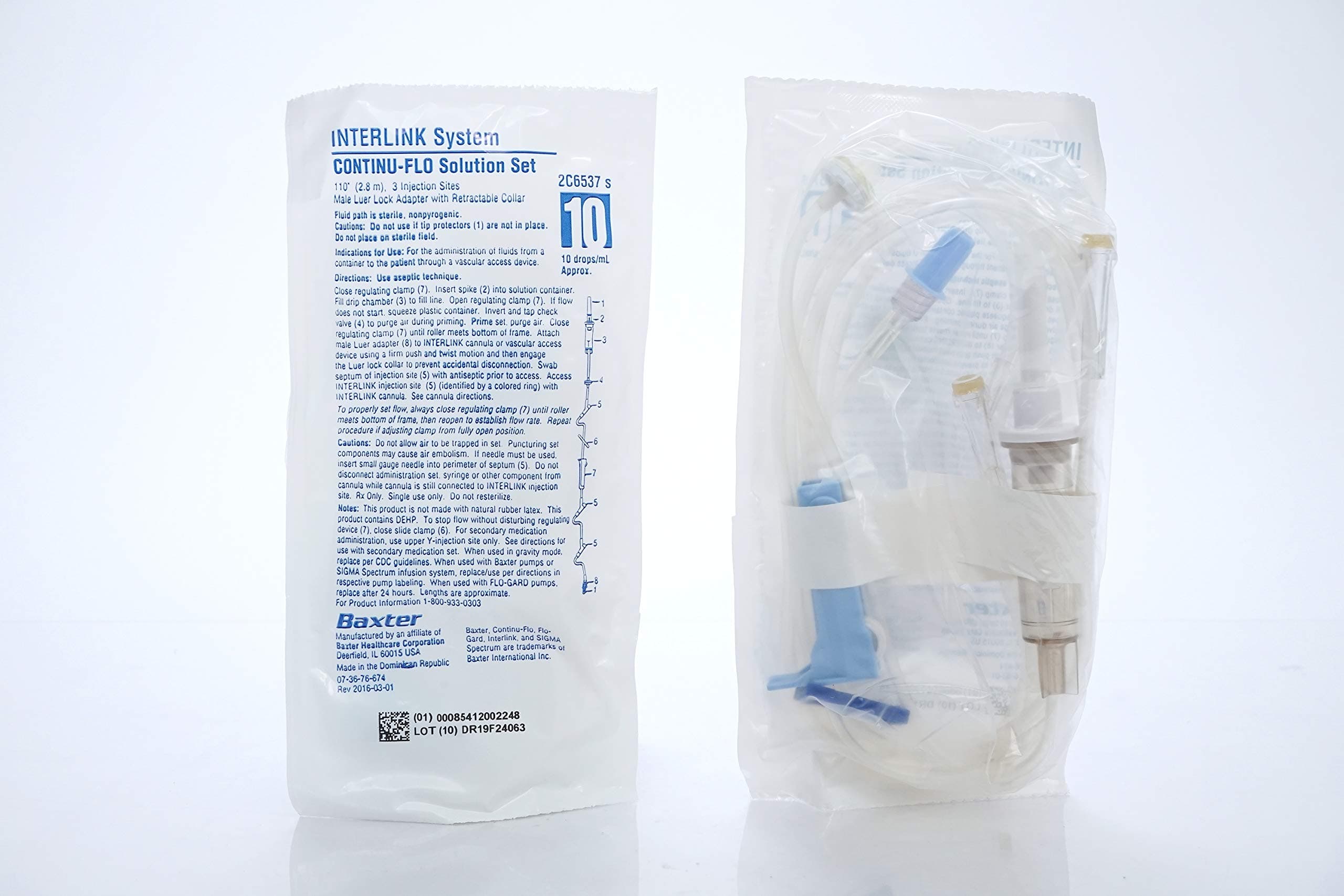 2C6537 Interlink System Continu-Flo Solution Set, 110" 2.8M, 3 Injection Sites, Male Luer, Pack of 48