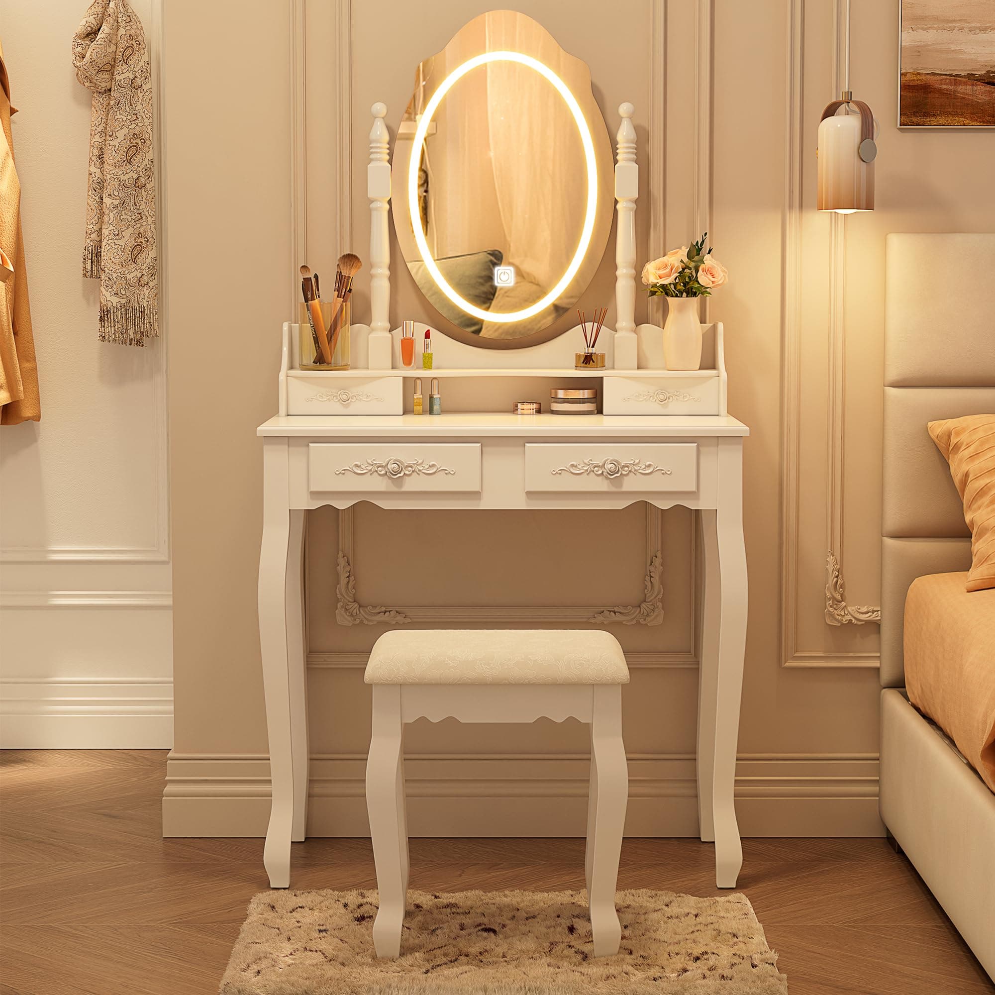 Vanity Desk with Mirror and Lights, Modern Vanity Makeup Table and Cushioned Stool Set with 4 Drawers, 3 Color Lighting Modes with Adjustable Brightness, Dressing Table Set for Bedroom (White Vanity)