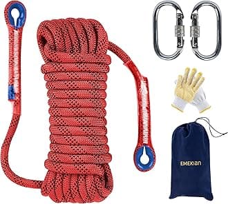 10mm Red Indoor Outdoor Climbing Rope, 20M(65ft) Static Rock Climbing Rope for Escape Rope, Ice Climbing Equipment, Fire Safety Rescue Rope, with Non-Slip Gloves