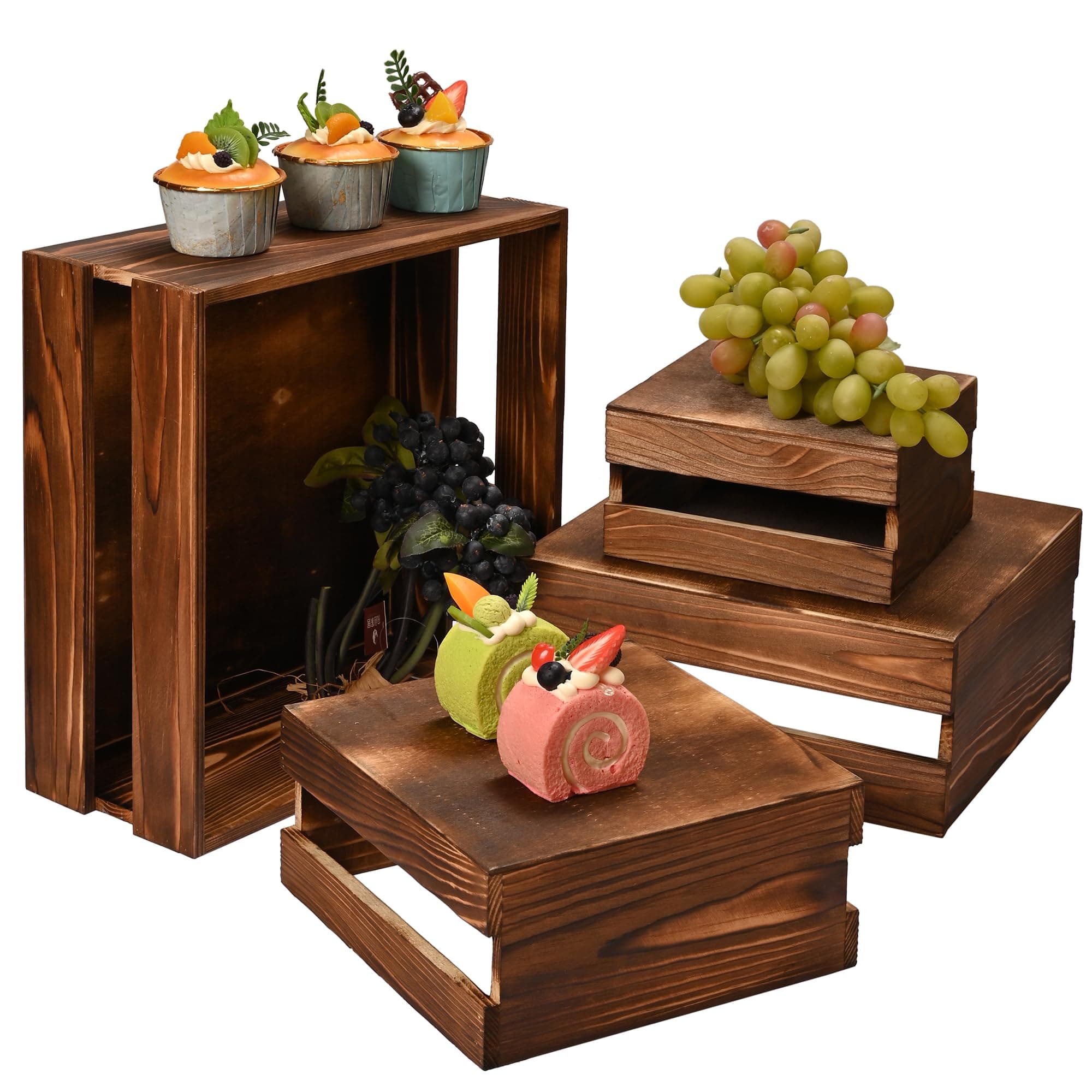 WILLOWDALE 4PCS Wood Cupcake Stand for Dessert Table Display Set, Farmhouse Buffet Risers Wooden Crates Display Stand, Wedding Cake Stand Food Display Riser for Party Rustic Dining Table Centerpiece